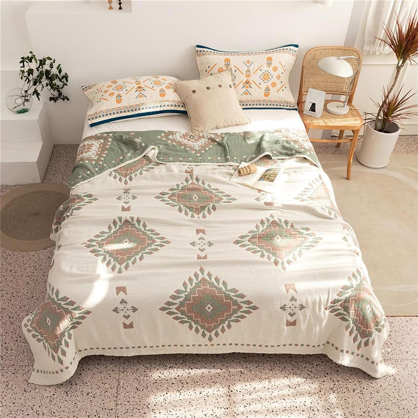 Boho Tagesdecke Doppelseitig Decken 100% Baumwolle Gewebte Decke 200x230cm, Musselin Überwurf Beige Kuschelig Weiche Bettüberwurf TV-Couchdecke Sesseldecke Wendedecke Baumwolldecke Kuscheldecke