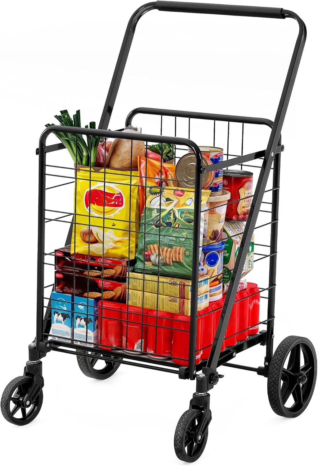 YITAHOME Folding Shopping Cart with Wheels, Large Rolling Grocery Cart, Reinforced Mesh Bottom, Foldable Utility Cart for Groceries, Laundry & Storage (Portable, Collapsible, Sturdy)