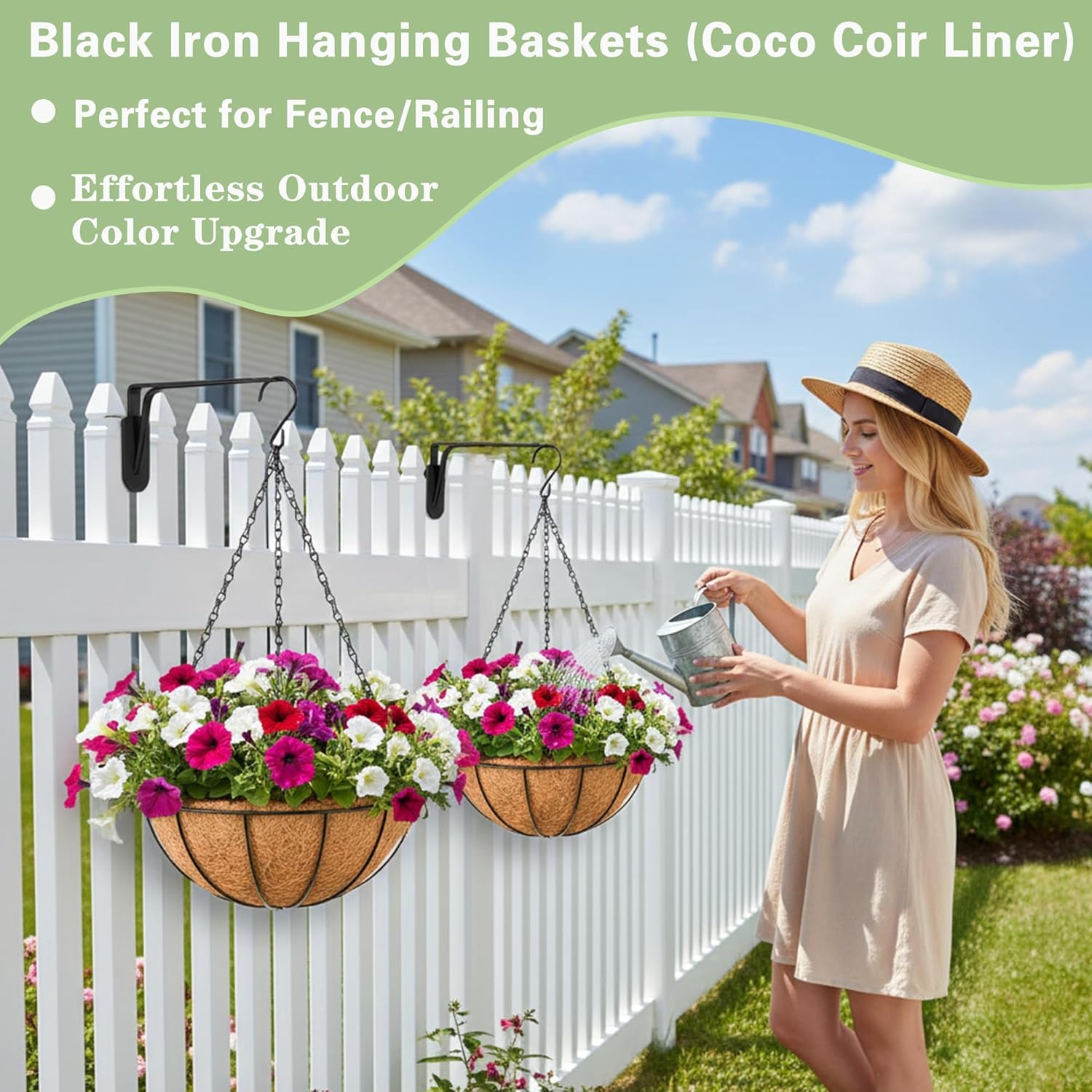 EIMQUVW Outdoor Metal Hanging Planters Basket (4pack, 10 inch) Hanging Baskets for Plants Chain Round Wire Plant Holder with Coco Fiber Liners for Garden, Patio, Deck, Porch