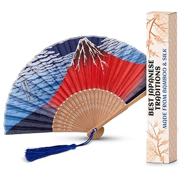 BURIUS Silk Japanese Folding Fan with Mount Fuji, Bamboo Foldable Hand Fan | Decorative Handheld Fan with Tassel for Women, Vintage Mountain Landscape, 14.5 x 8.2 In | for Dancing, Costume and Cosplay