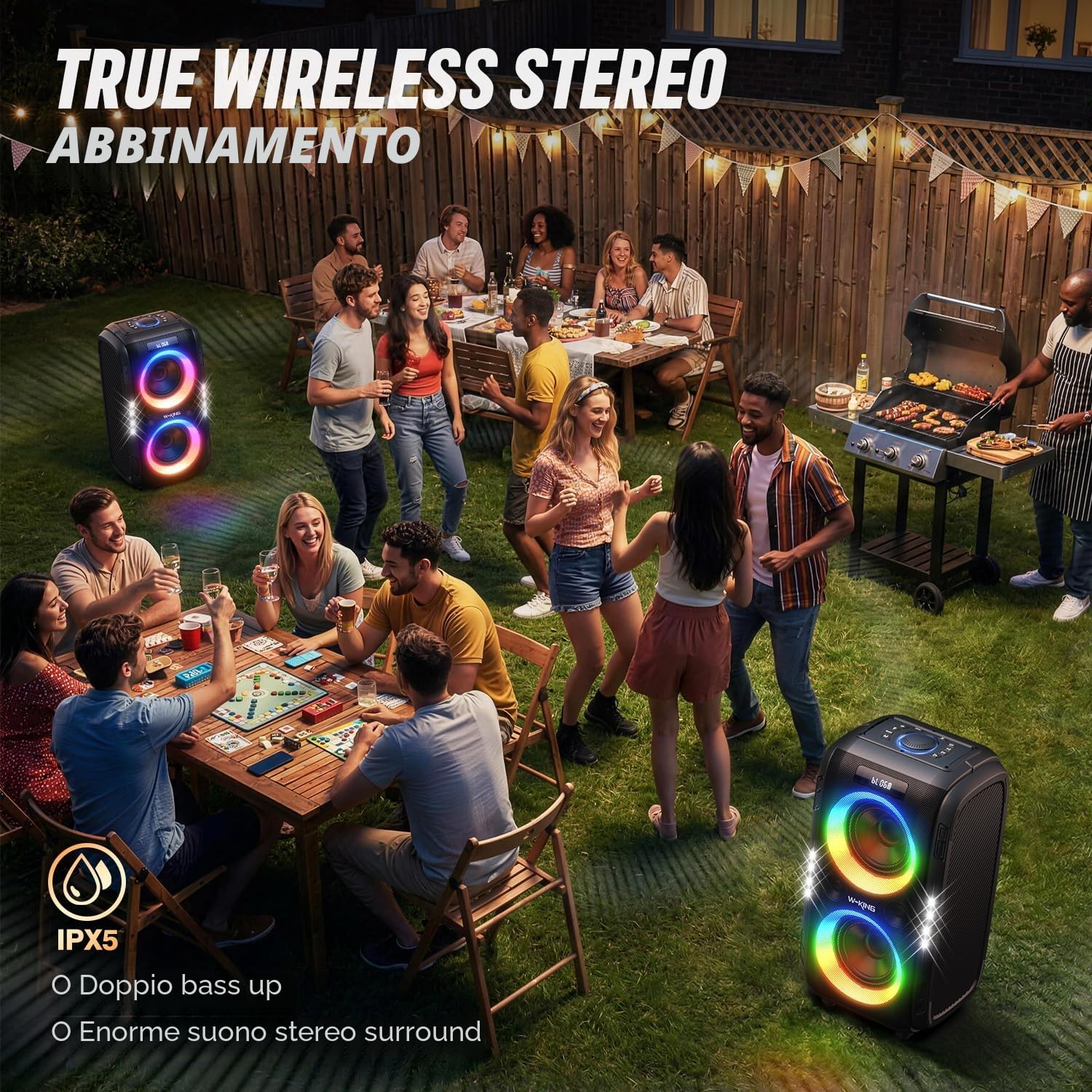 W-KING 270W PEAK Casse Bluetooth Potente Portatili Altoparlante Party Box | Cassa Portatile 125dB Forte, 12 Bassi Personalizzati, 2 Woofer 16,5cm Super Bass, MIC/GTR In, USB TF AUX Play,Batt Rimovibile