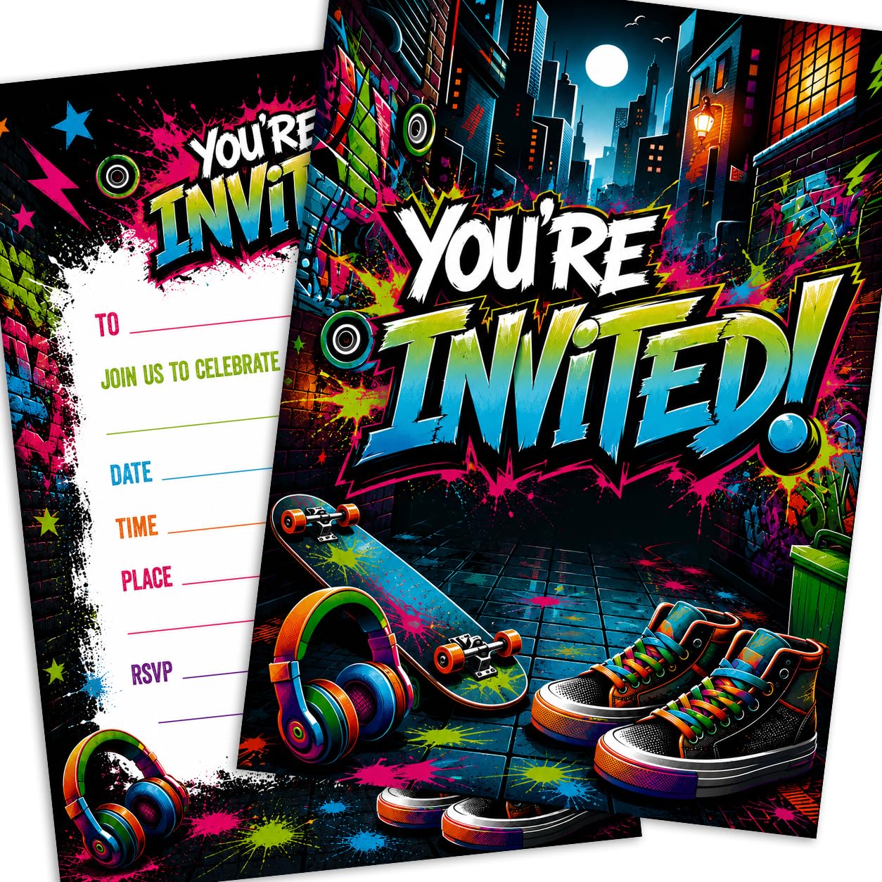 E&G Klasse 20 Kids Birthday Party Invitation Cards Graffiti Neon City Theme A6 Fill-In Invitations for Boys and Girls Street Art Skate Hip Hop Birthday Party Ages 5 6 7 8 9 10 11 12 13 14
