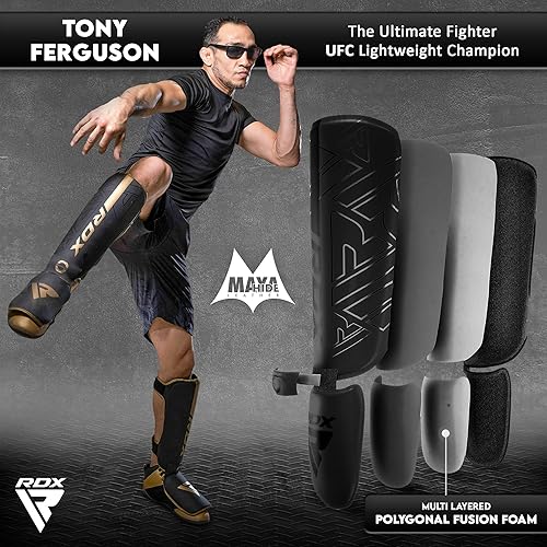 Miniatura 6 de RDX Espinilleras para kickboxing, Muay Thai y almohadillas de entrenamiento, protección de espuma de empeine Kara de cuero Maya, protector de