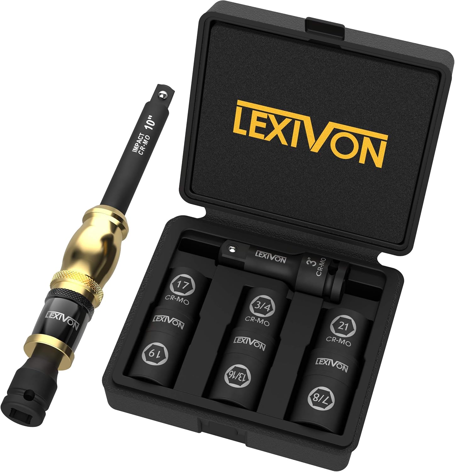 LEXIVON 10-Inch Speed Collar Extension Bar and 1/2-Inch Lug Nut Impact Socket Set | 6 Total Lug Nut Sizes. Cr-Mo Steel, Fully Impact Grade