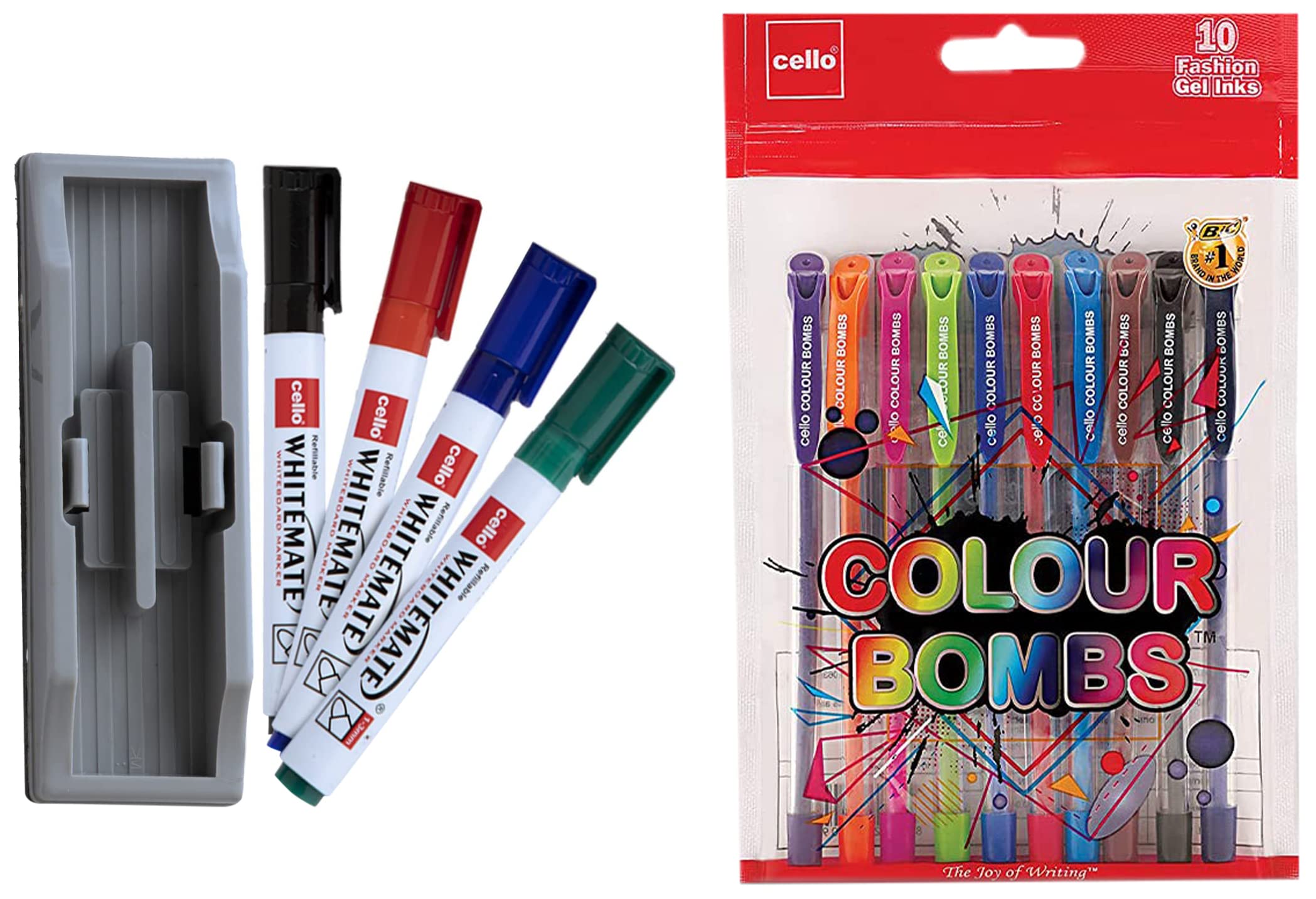 Cello Whitemate Whiteboard Markers, 4 Assorted Colours + 1 Duster