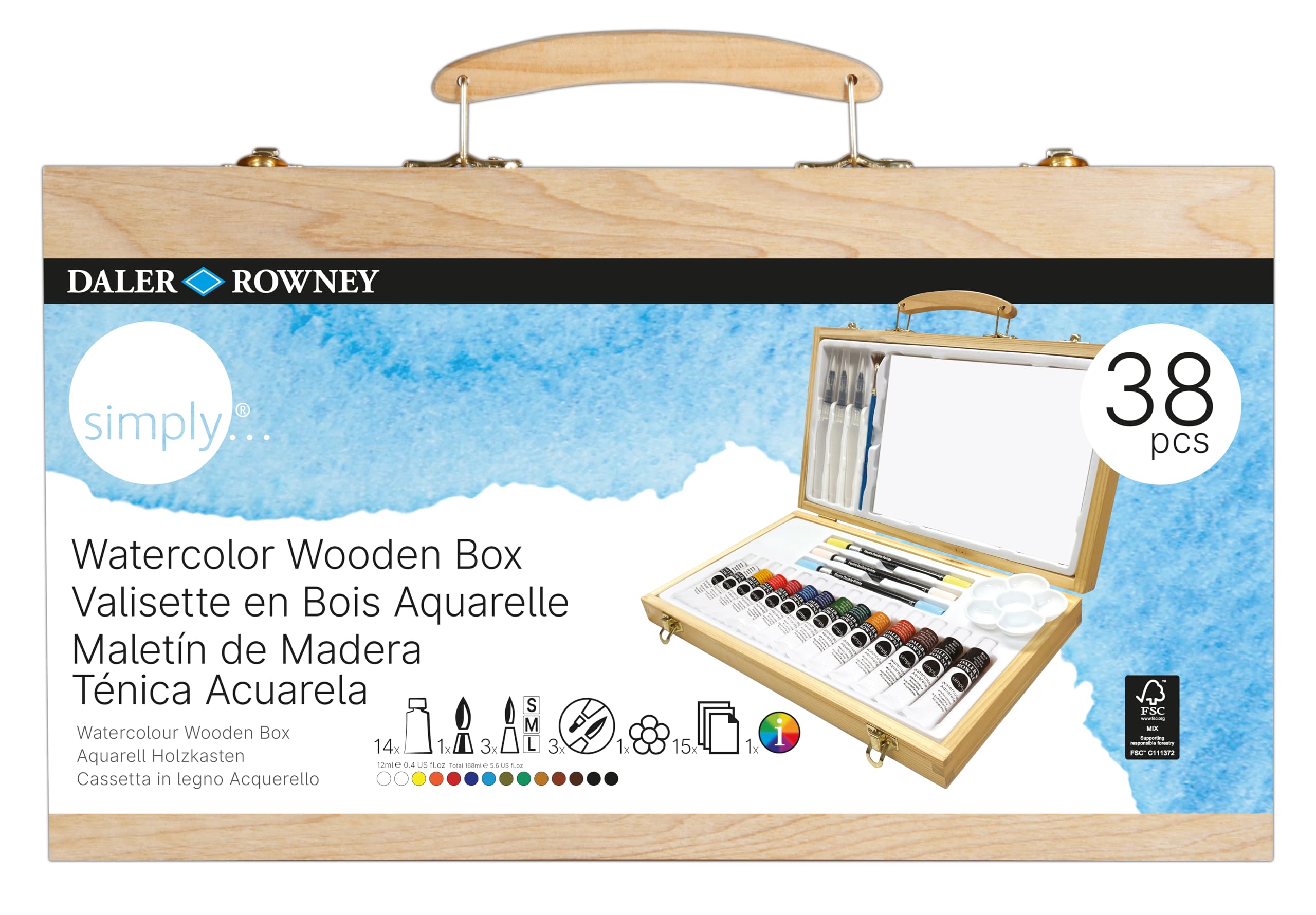 Daler-Rowney Simply Watercolour Wooden Box Set, 14 Vibrant Colours, Multi-Surface, for Entry-Level Artists & Hobbyists