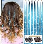 Sky Blue Hair Tinsel Kit with Tool 6pcs 1200 Strands Glitter Tinsel Hair Extensions Heat Resistant Sparkling Shiny Fairy Hair Accessories for Women Girls Kids 47Inch