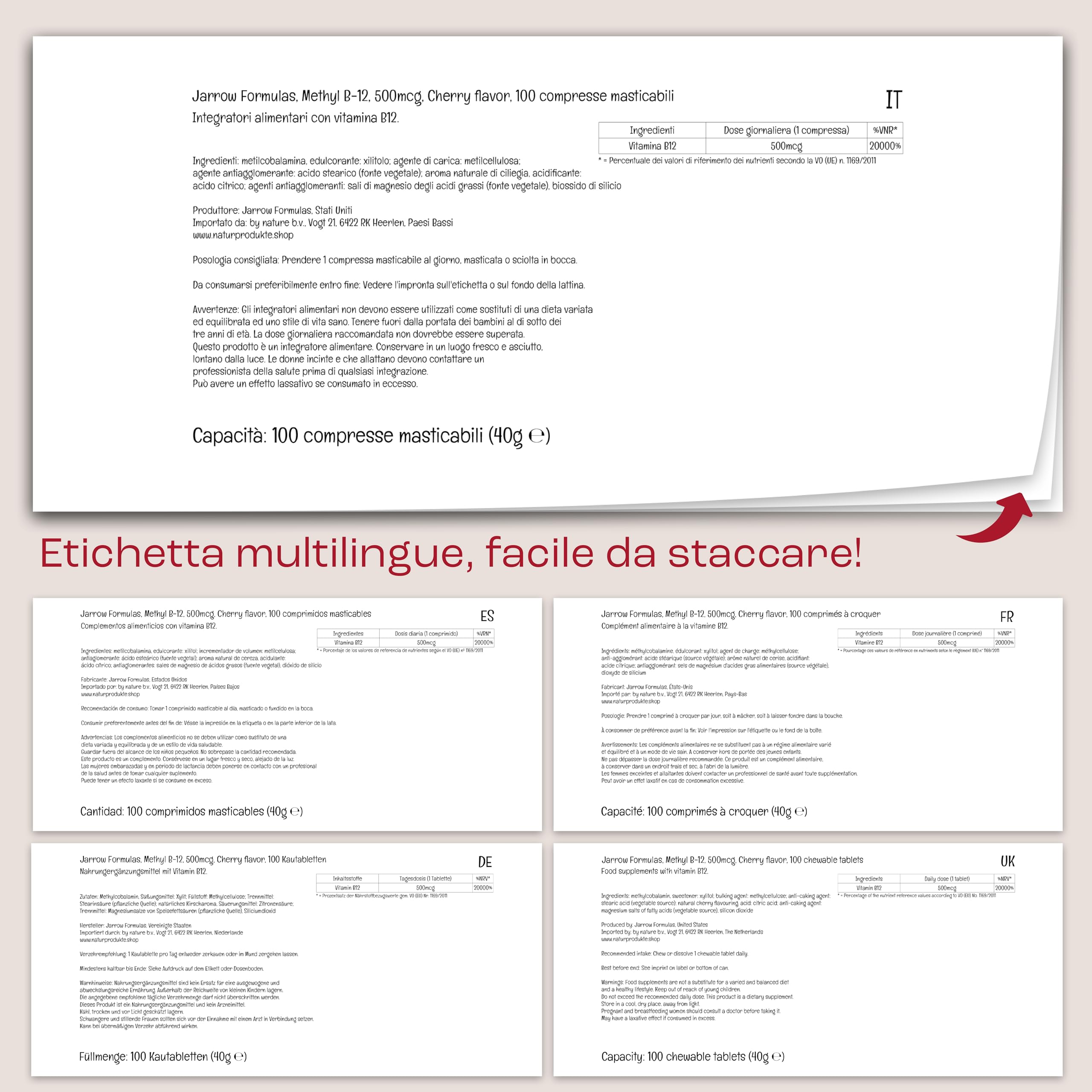 Jarrow Formulas, Methyl B12, 500mcg, Gusto Ciliegia, 100 Compresse masticabili vegano, Testato in Laboratorio, Senza Glutine, Vegetariano, Senza Soia, Senza OGM