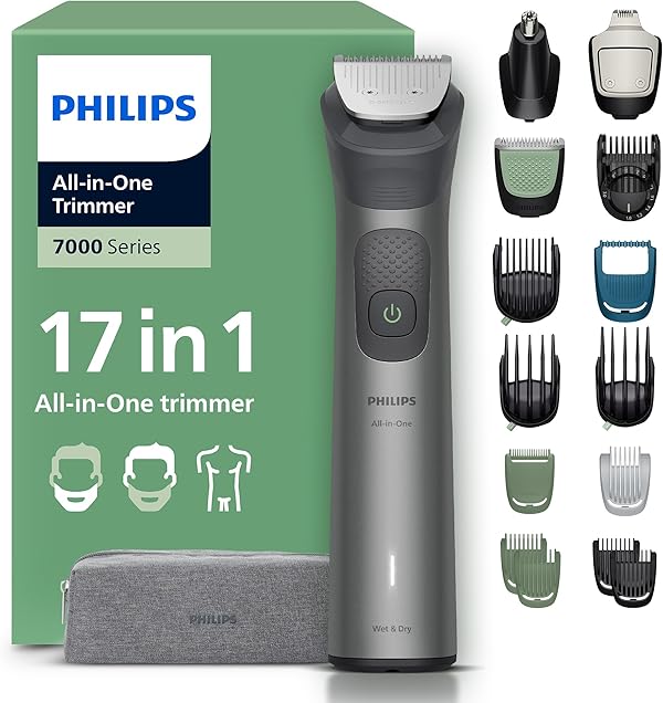 PHILIPS Multigroom Series 7000 All-in-One 17-teiliger Barttrimmer und Haarschneider für Gesicht, Kopf und Körper, selbstschärfende Metallklingen, 26 Längeneinstellungen (0,5-20 mm), Modell MG7961/15