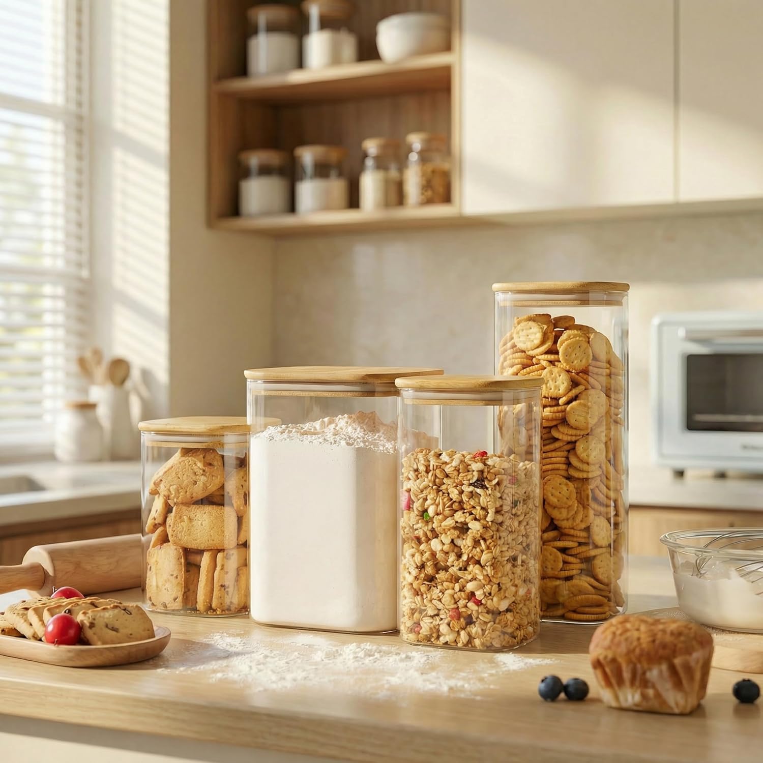 Extra Large Square Glass Flour & Sugar Storage Containers with Airtight Lids, 168 floz - 2 Pack Glass Jars with Bamboo Lids for Pantry, Air tight Food Storage Containers for Cereal, Pasta, Rice