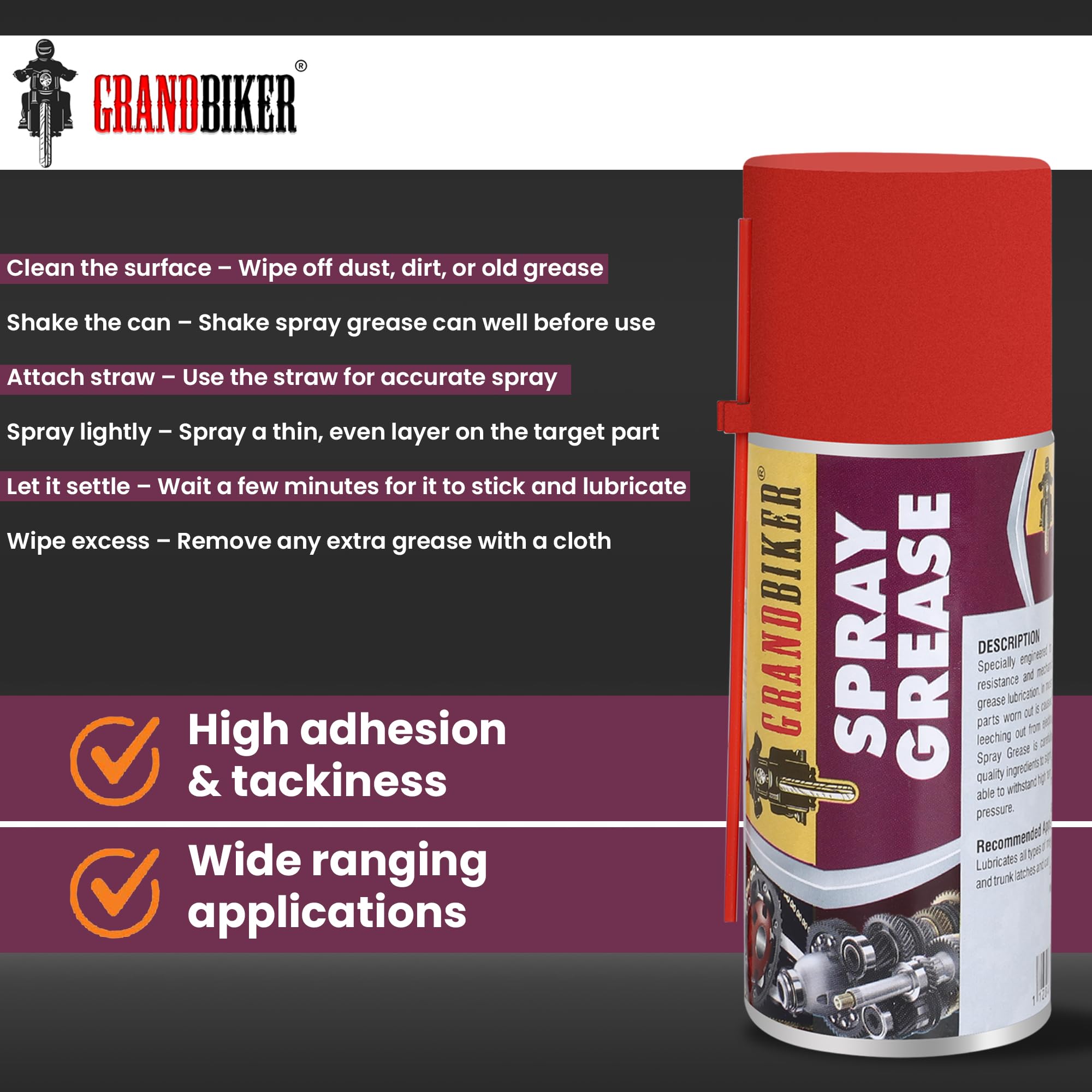 Grandbiker® Liquid Grease Spray I High Viscous I Lubricates I Frees Sticky Mechanism I Reduces Squeaky Noise I Long Lasting Protection from Rust and Corrosion 150ML (White) 3