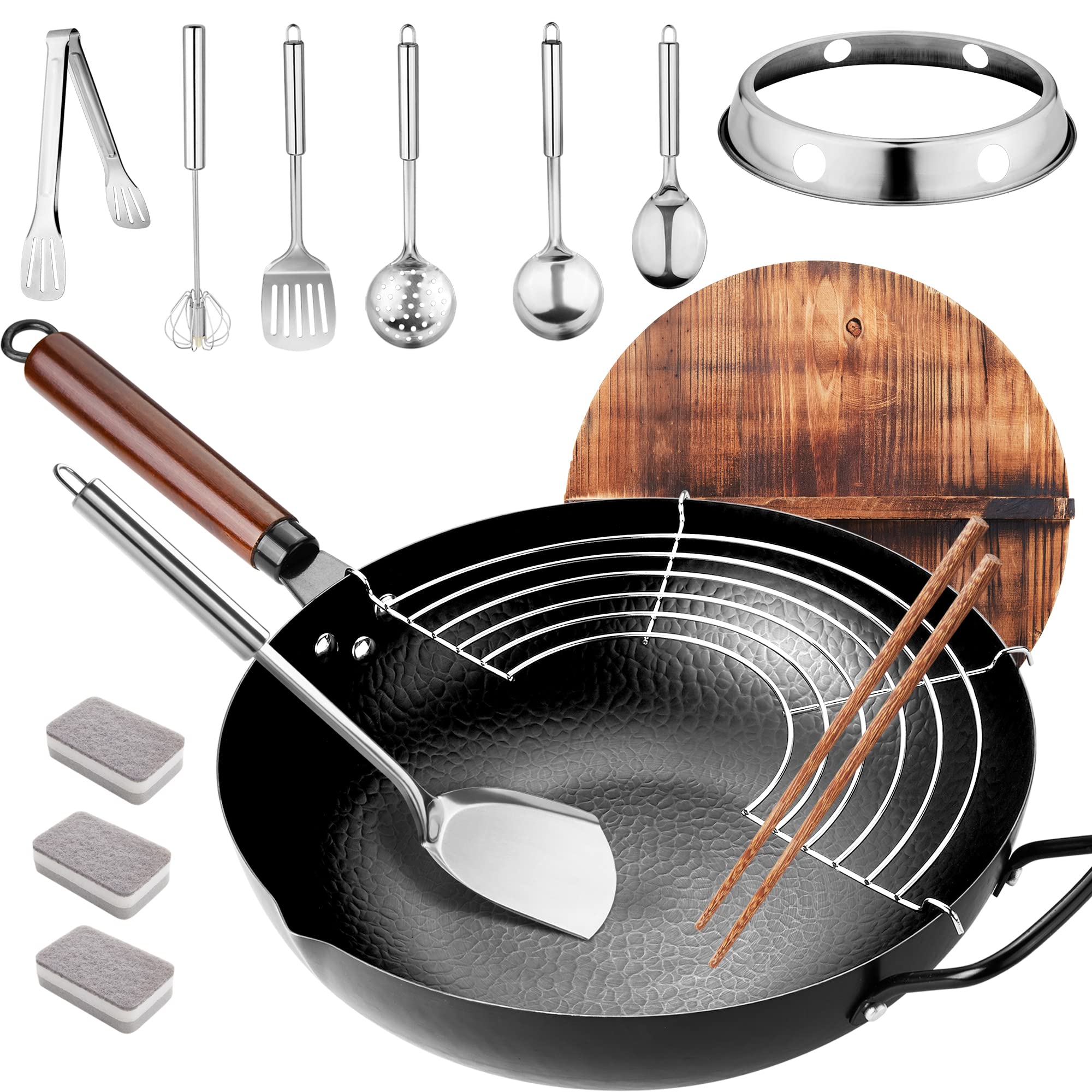 Buy Carbon Steel Wok Pan with Lid and Spatula, 15Pcs Stir Fry Pans Set