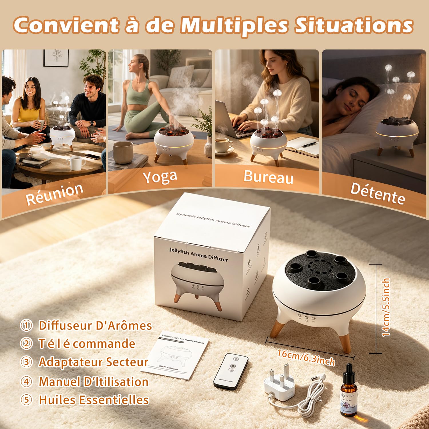 yAyusi Diffuseur de Brume Méduse avec Lumière, 250ml Diffuseur D'Huiles Essentielles avec Télécommande, Humidificateur Méduse à Captation Sonore, Diffuseur Ultrasonique à 2 Modes pour Chambre/Bureau