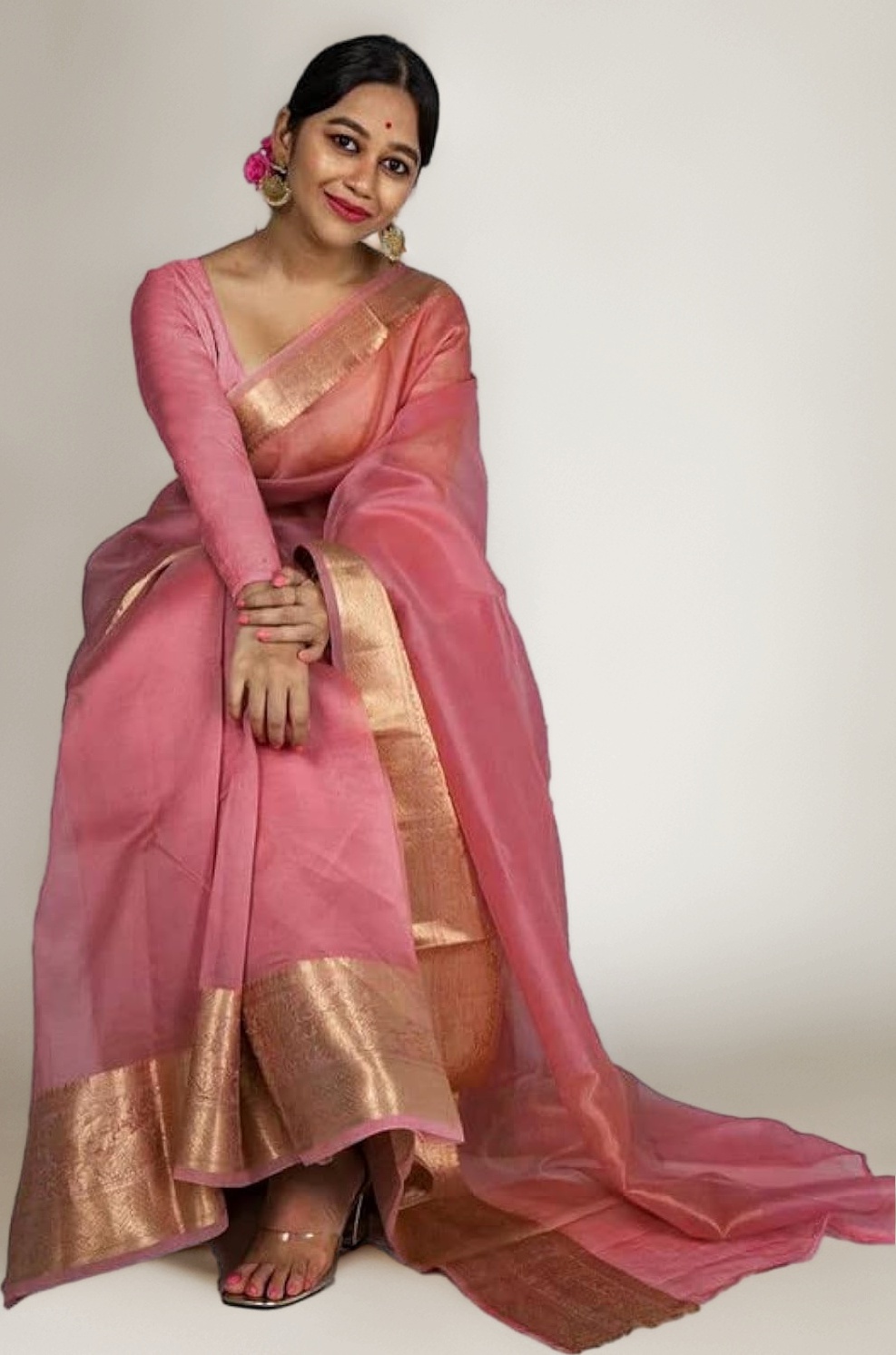 Women'S Organza Jacquard Border Saree With Unstitched Blouse Piece