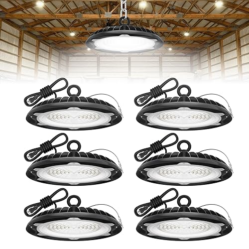 HYPERLITE UFO LED High Bay Light: 150W 19500LM High Bay LED Shop Lights with 6ft Plug - 5000K IP65 LED Warehouse Lights for Workshop Stadium Garage Lighting 6-Pack