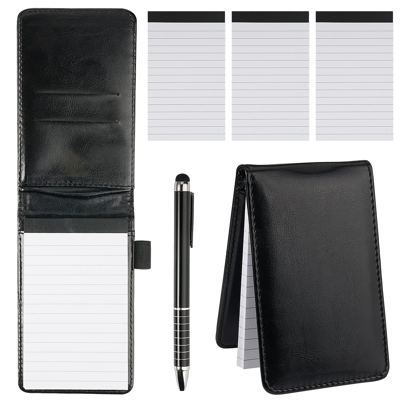 HIKPACKER 5 Pieces Mini Pocket Notepad A7, PU Leather Cover Pocket Notebook with 50 Lined Sheets, Includes 3 Replacement Notepads and 1 Metal Pen, for Office, Travel, Business