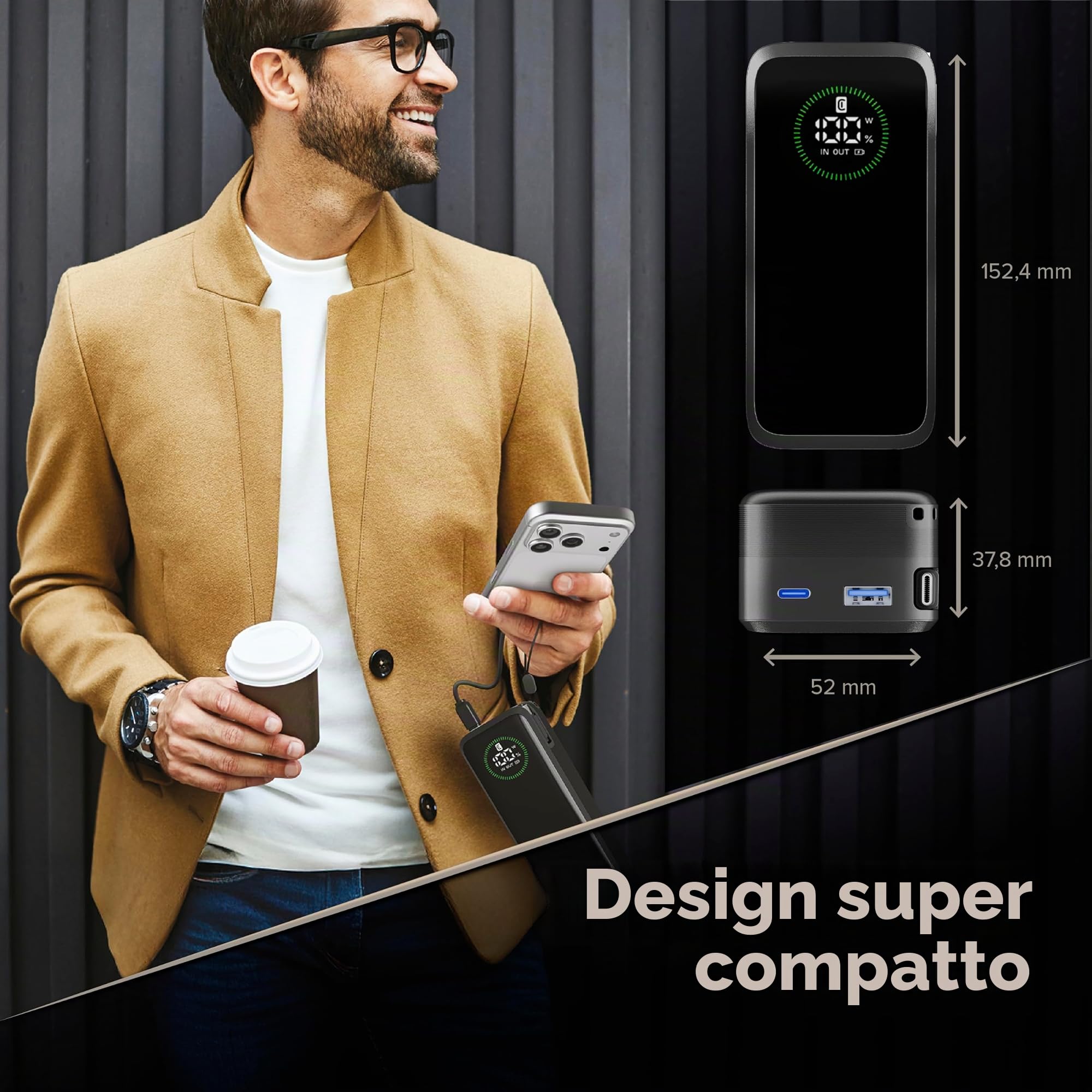 Cellularline power bank Roller 20.000 mAh con output fino a 65 W, cavo USB-C retrattile integrato da 70 cm, porte USB-C e USB-A, display LCD, ricarica 3 dispositivi, nero