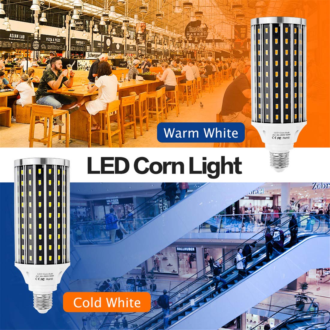 LED Maíz Bombilla Luz De Maíz 220V Bombilla LED E27 Luz De Vela 6000K Luz Diurna [13.800 Lúmenes] En Lugar De 400W De Halogenuros Metálicos Por Vatio Utilizada En Talleres De Garaje, Etc,White e27