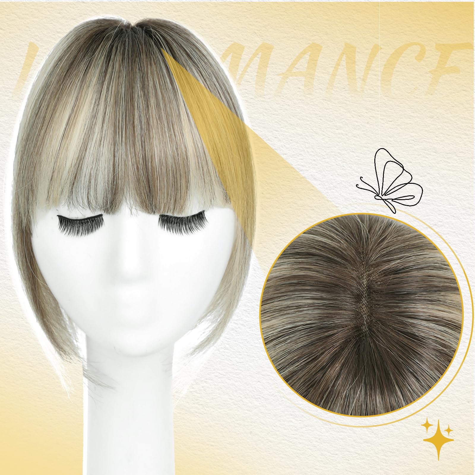 2T613 Haarteil aus 100 % Echthaar für Damen, Echthaar, 25,4 cm, Ombré-Hellbraun mit blonden Highlights, mit Pony, Schweizer Basis, Clip in Pony für dünner werdendes Haar