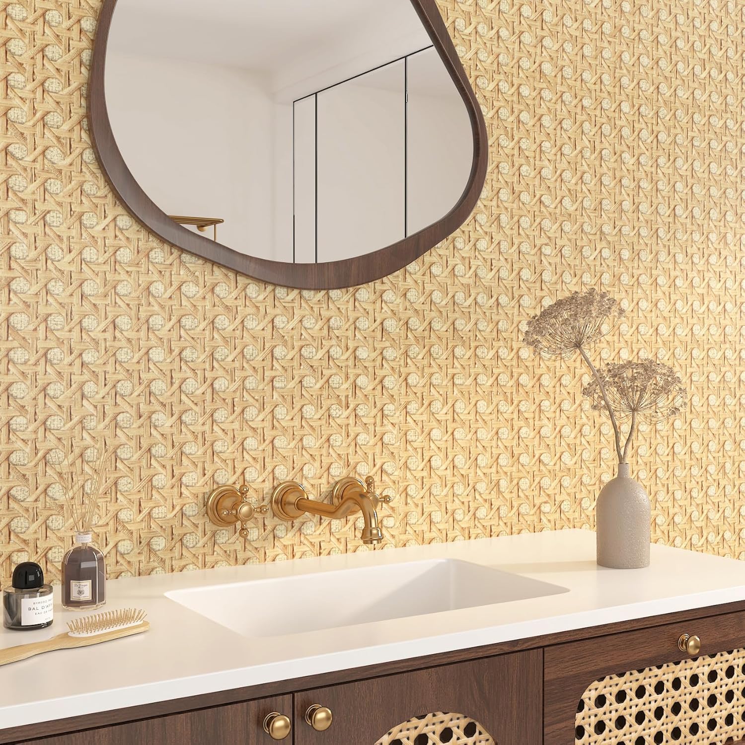 FunStick 60CMx5M Papel Pintado Pared Dormitorio Madera Vinilo Decorativo Puerta Armario Lavable Papel Pintado Efecto Ratan Tejida Caña Vinilo Adhesivo Pared Salon Baño Vinilos Adhesivos para Muebles