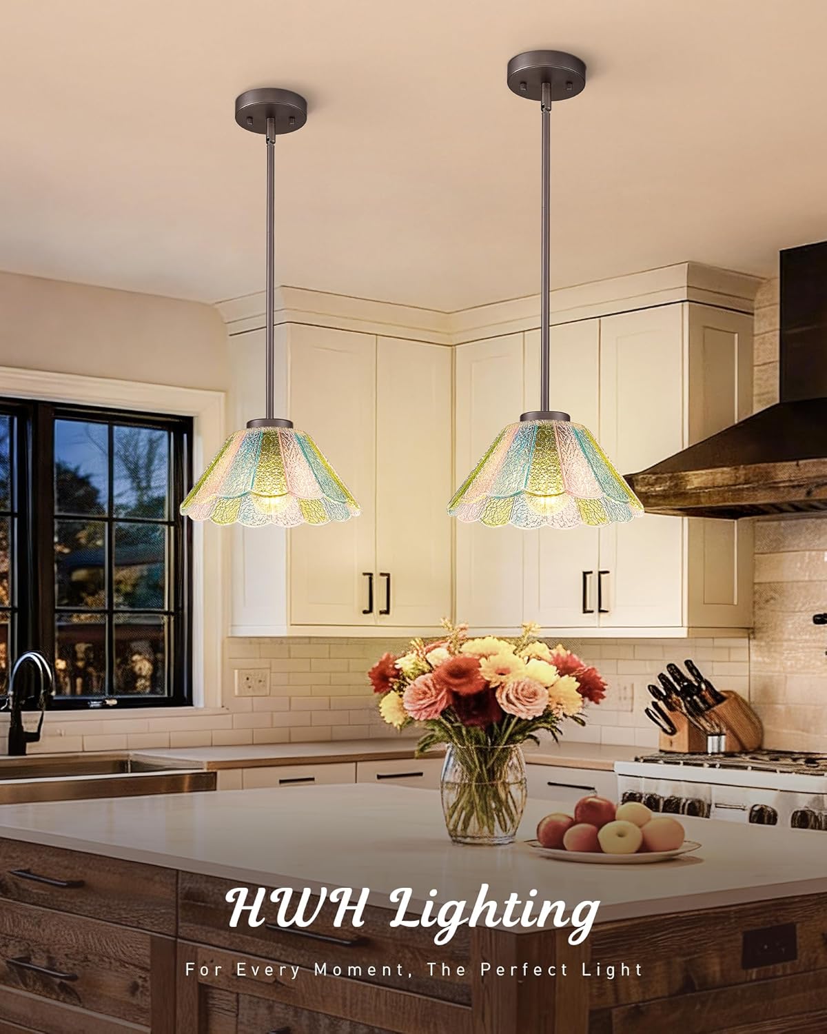 Modern Hanging Light Fixture, HWH Pendant Lights Kitchen Island, 10.4 Inch Farmhouse Pendant Light with Colored Floral Glass, Oil-Rubbed Bronze Finish, 5HJX110MIL ORB-C