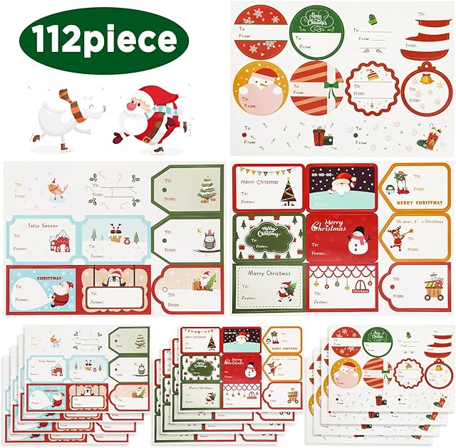 Hianjoo 112 PCS Christmas Sticker Labels, Christmas Self Adhesive Stickers Gift Name Tag Santa Snowmen Xmas Tree Reindeer Christmas Presents Labels for Festival Birthday Wedding Holiday Decoration