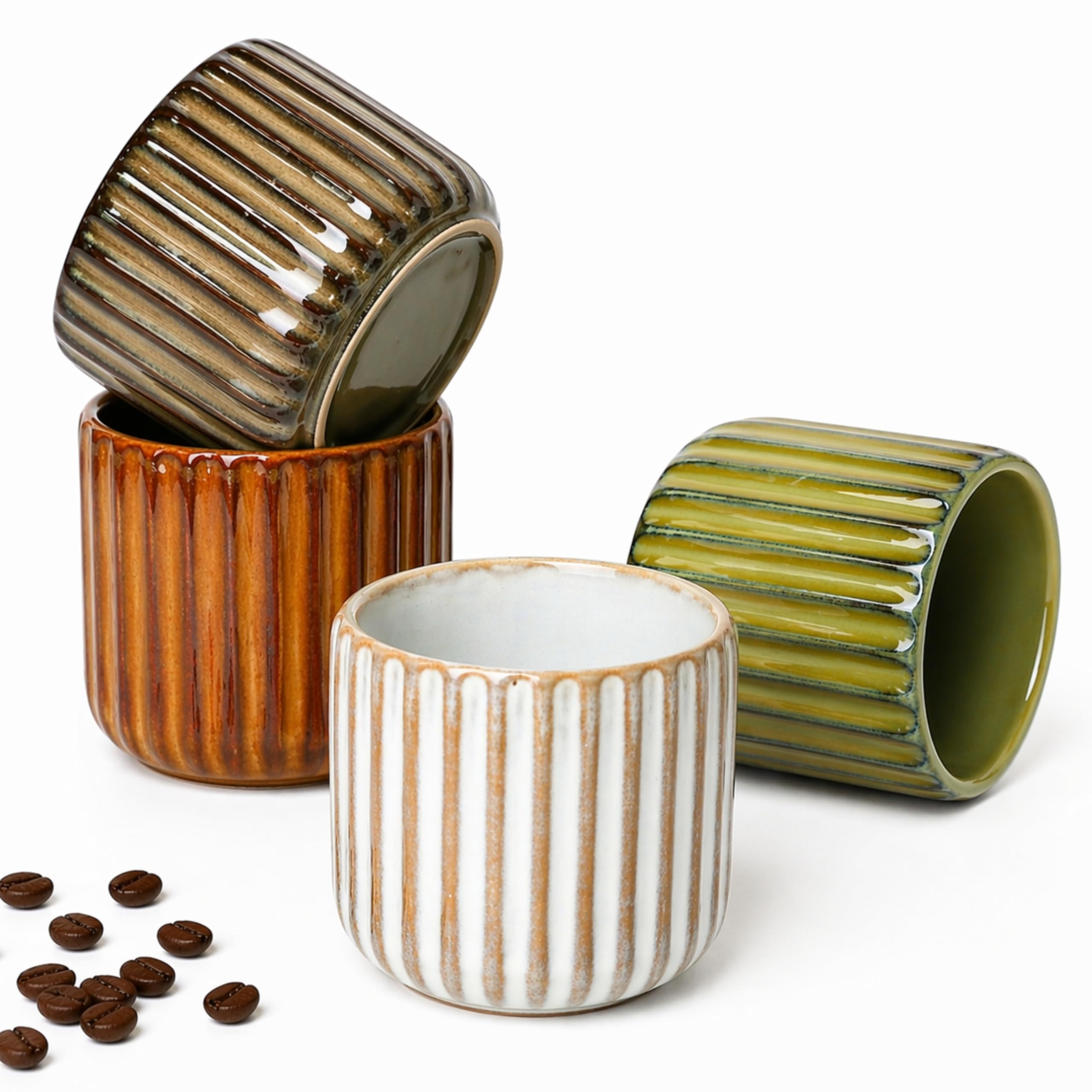 Erkundpresso. Espresso Cup Set 4x180ml, Thick-Walled Handleless Ceramic Cups, Heat-Retaining Scald-Proof, BPA-Free Kiln-Glazed for Espresso/Cappuccino, Unique Vintage Design - Mixed Colors