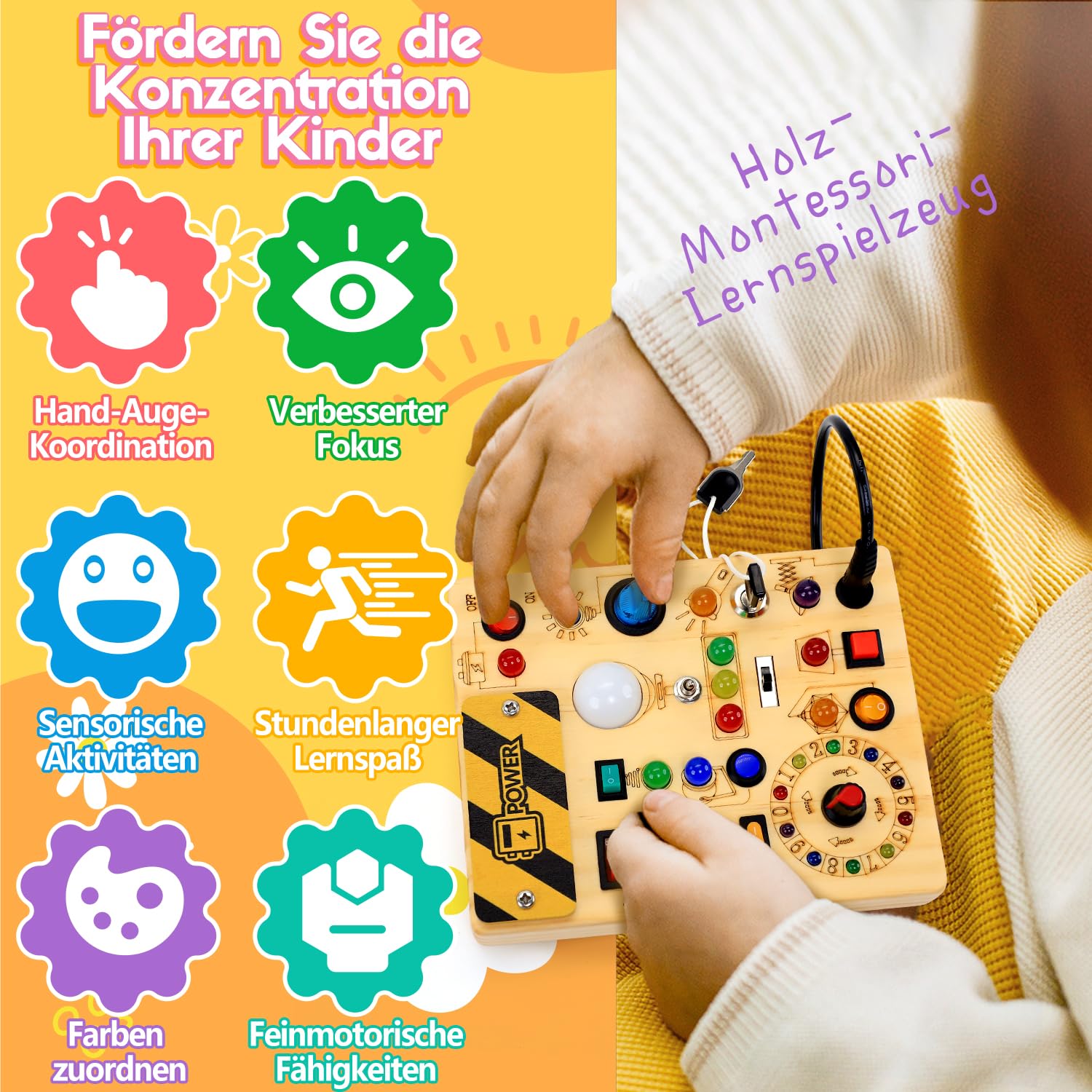 Montessori Spielzeug Busy Board ab 1 Jahr Activity Board aus Holz | Motorikspielzeug mit, 13 Schaltern 24 LED-Leuchten, Lernspielzeug für Kinder 1-3 Jahre Baby Spielzeug, Geschenk für