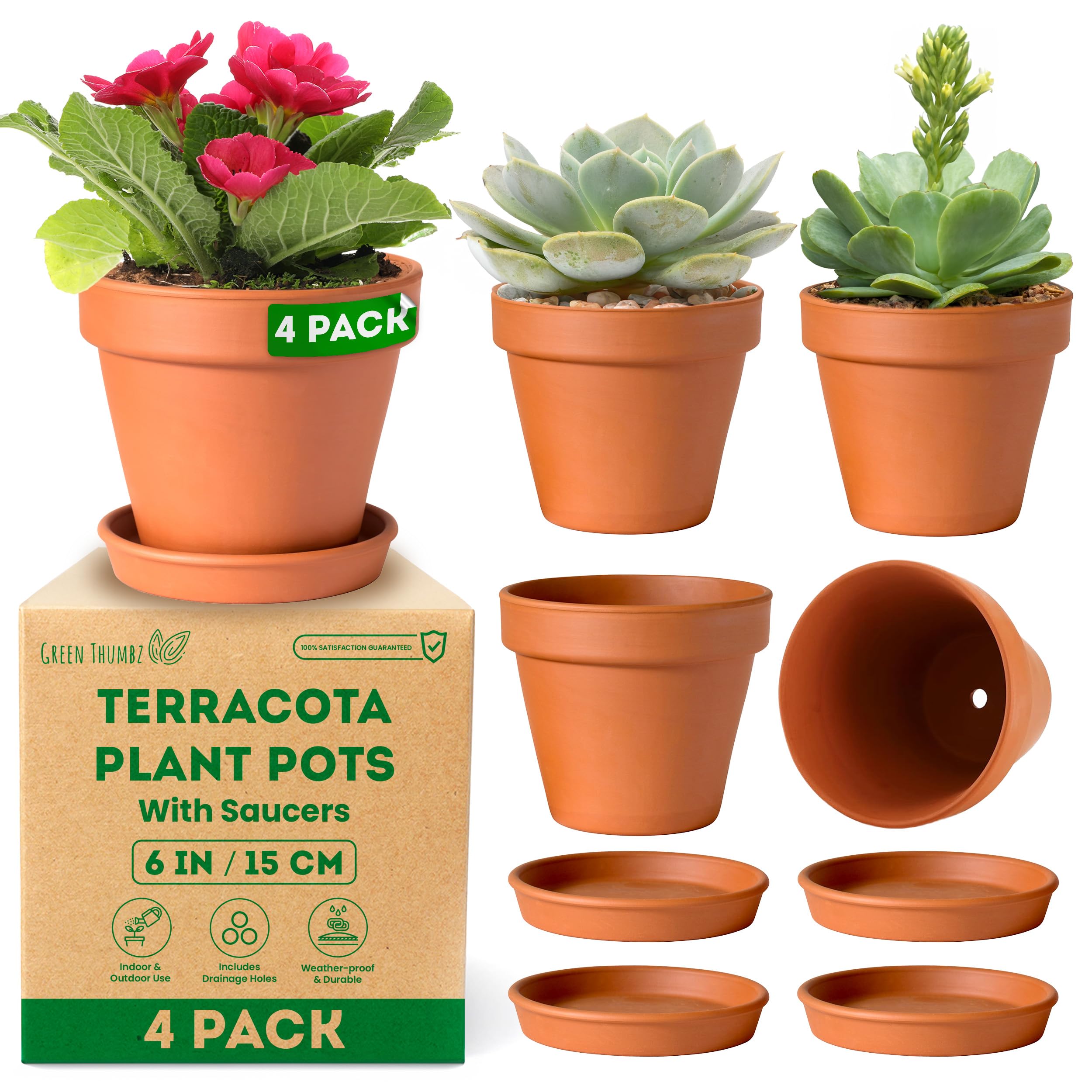 Green Thumbz Brown Clay Pots For Plants With Saucer - 15Cm X 4 Pack Large Terracotta Plant Pots With Drainage Hole, Ceramic Pots For Plants For Indoor/Outdoor Use