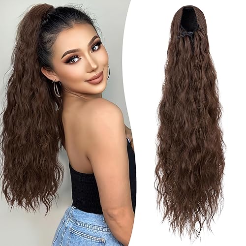 Benehair Extensión de cola de caballo sintética alta con cordón, de 32 pulgadas, rizada, ondulada y larga, extensiones de cabello castaño liso y