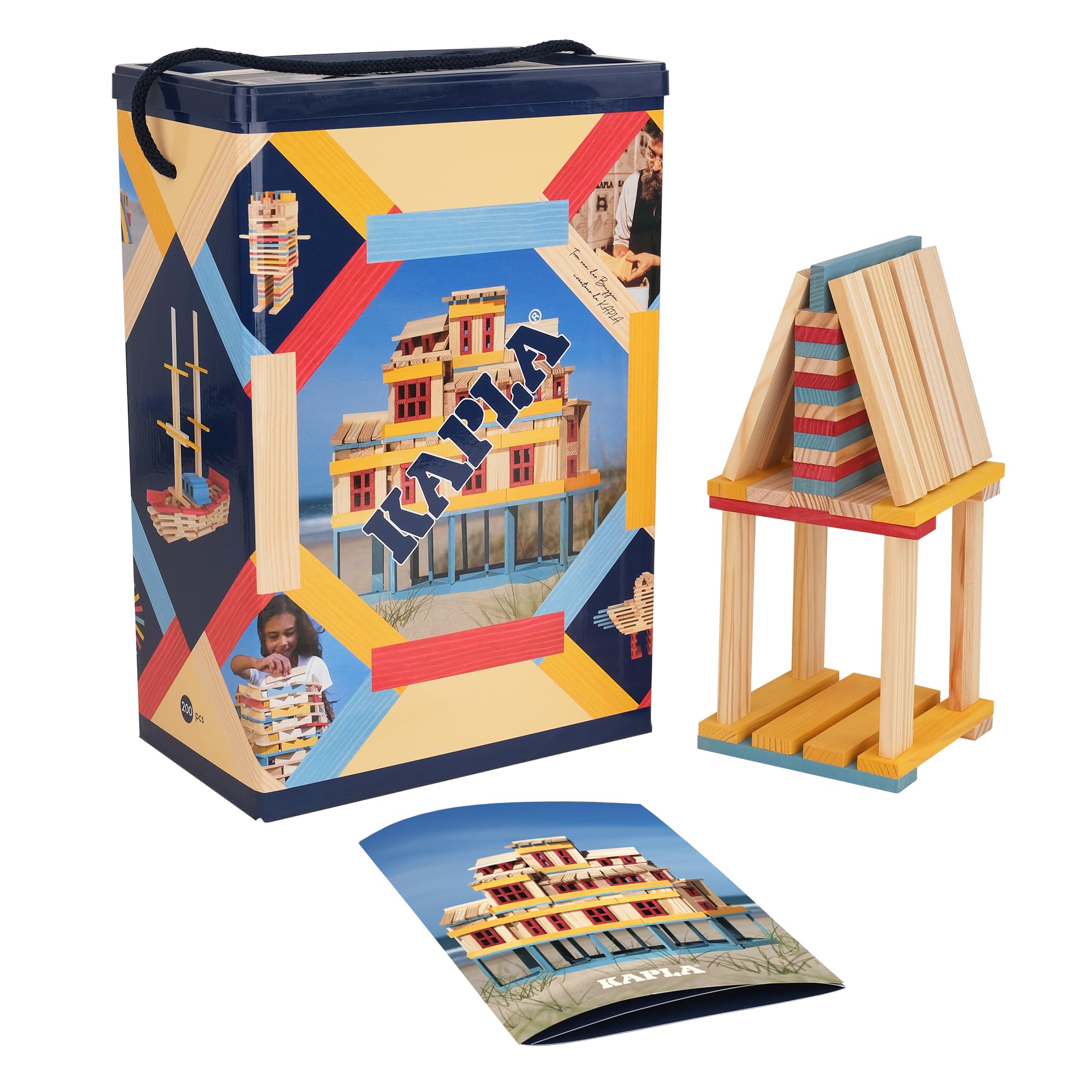KAPLA SUMMER BOX 200 kolorowych desek (niebieskie, czerwone i żółte) z przewodnikiem budowlanym, drewniana zabawka, zestaw do budowania, od 2 lat