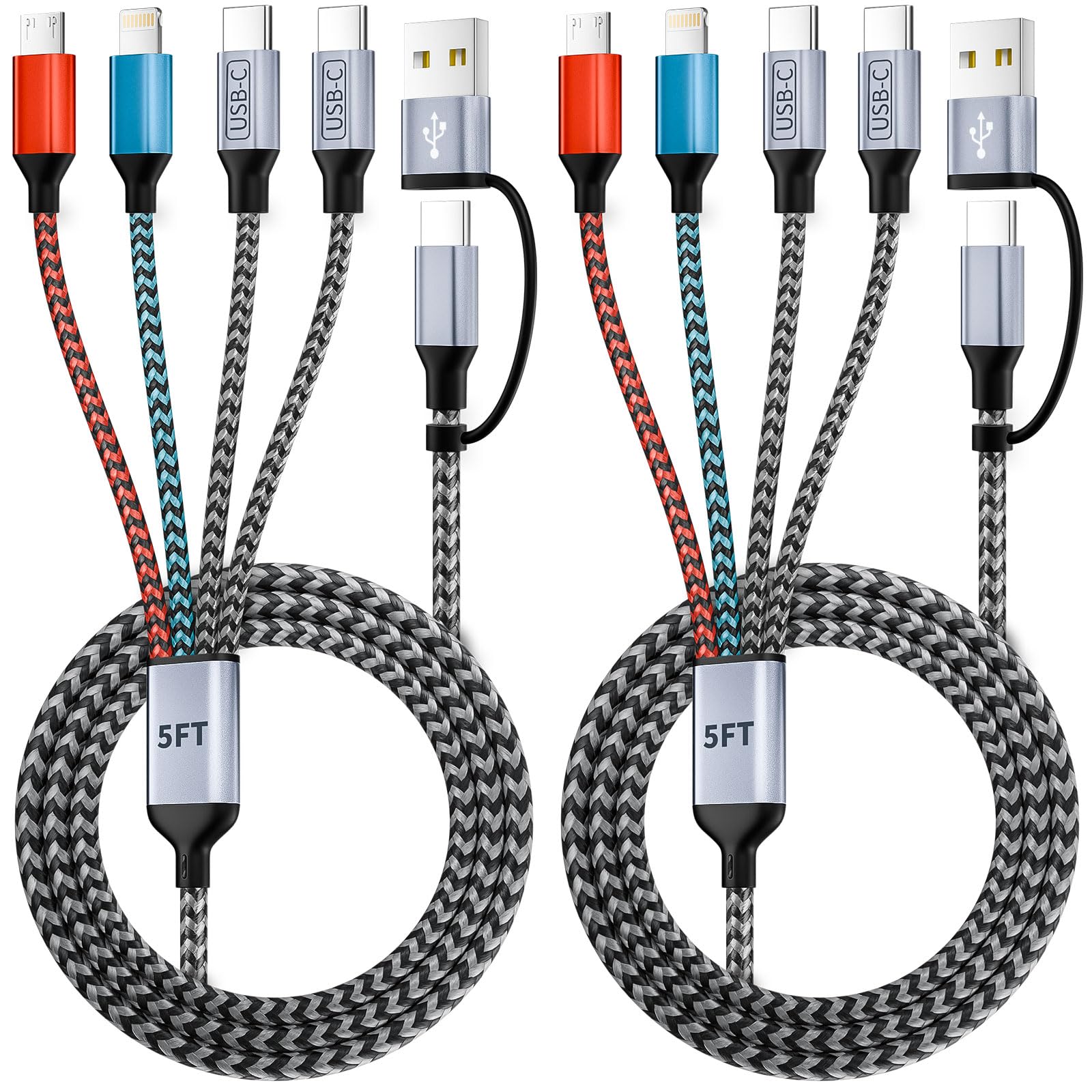 4 in 2 Multi Charging Cable USB A C Cable with Dual Type-C Lightning Micro USB Travel Charger