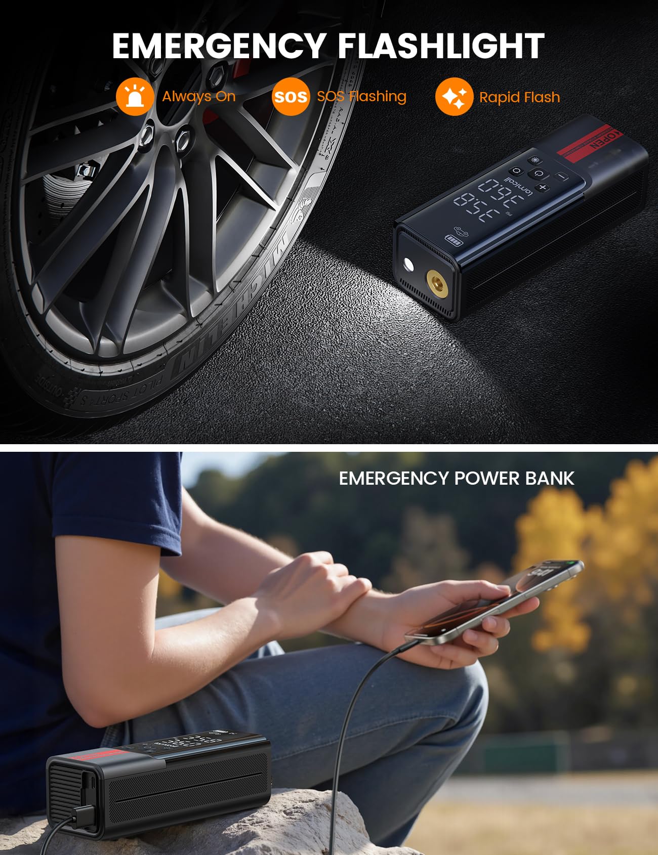Lamicall Gonfleur Pneu Voiture, Compresseur à Air Portatif – [150 PSI Inflation Rapide] avec Écran LCD & Lumière LED, Bloc d'Alimentation, Gonfleur avec 3 Buses pour Voiture/Vélo/Moto/Ballon
