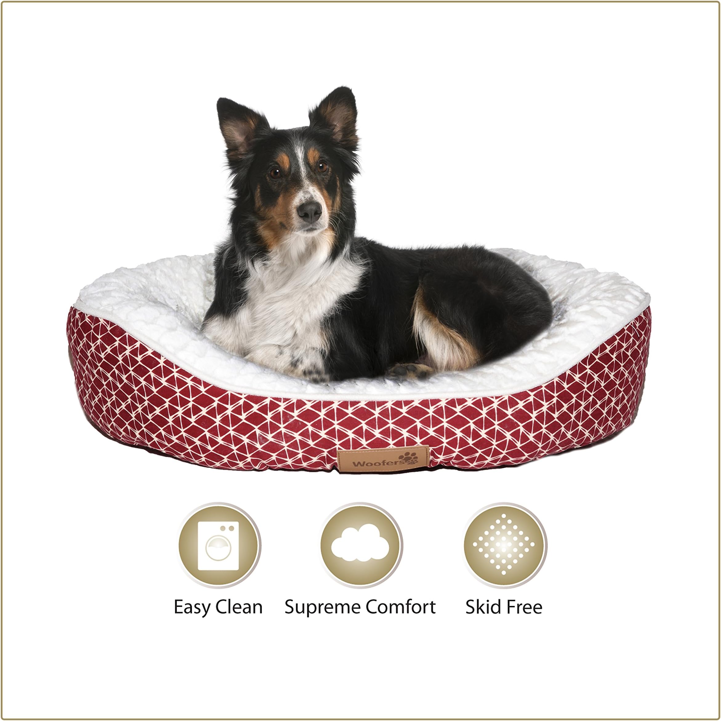 Woofers Slaney Dog Bed Large, Red & White, Oval Shaped Low Entry Front. Made From Red Cracked Pane Canvas Fabric And Snow Blanket White Plush Interior. Washable & Easy Clean. Large (81 x 60 x22 CM)