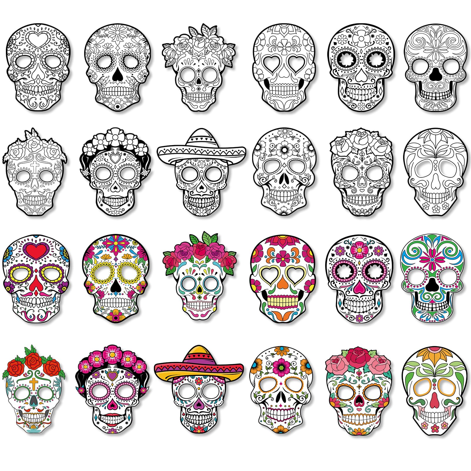 Qpout 24Pcs Day of The Dead Masks,Color You Own Sugar Skull Skeleton Paper Mask with Elastic for Dia De Los Muertos Masquerade Halloween Party Costume