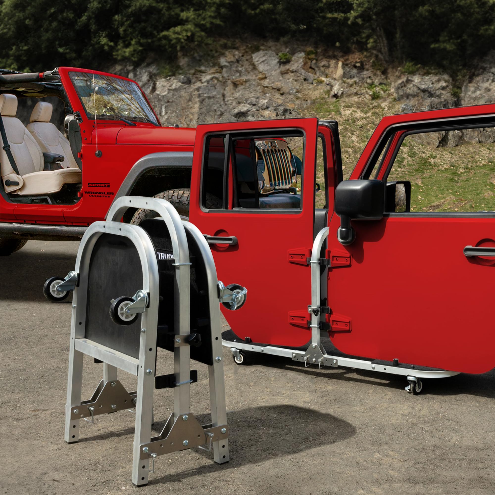 Aluminum-Silver 4 Door Folding Rolling Door Cart, Storage Door Rack Holder Stand fits Jeep® Wrangler JL JLU JK JKU TJ YJ and Gladiator JT Patented