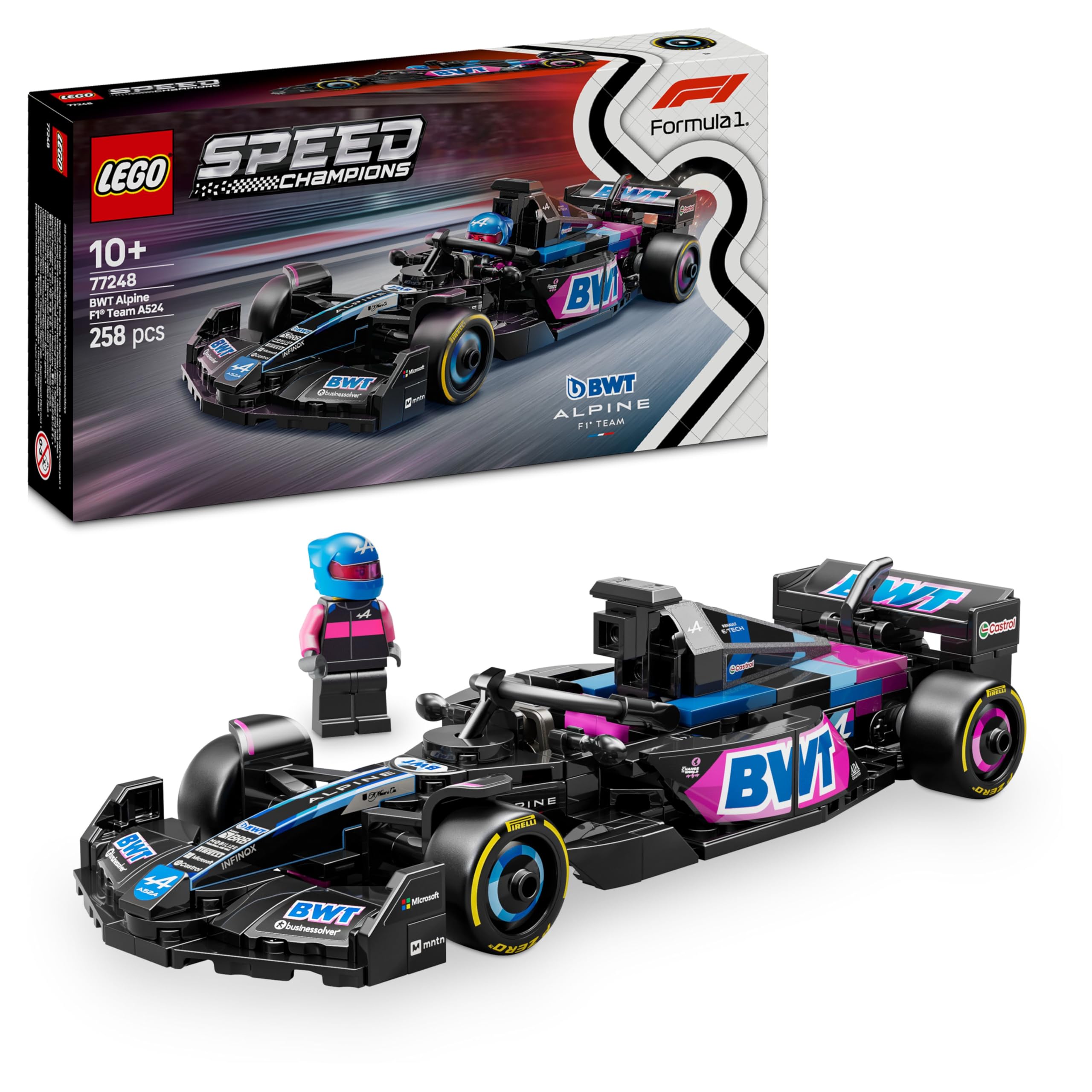 LEGOSpeed Champions BWT Alpine F1 Team A524 Race Car Toy with a Collectible Formula 1 Driver Minifigure - Model Kits for 10+ Year Old Boys & Girls or Adult Motorsport Fans 77248