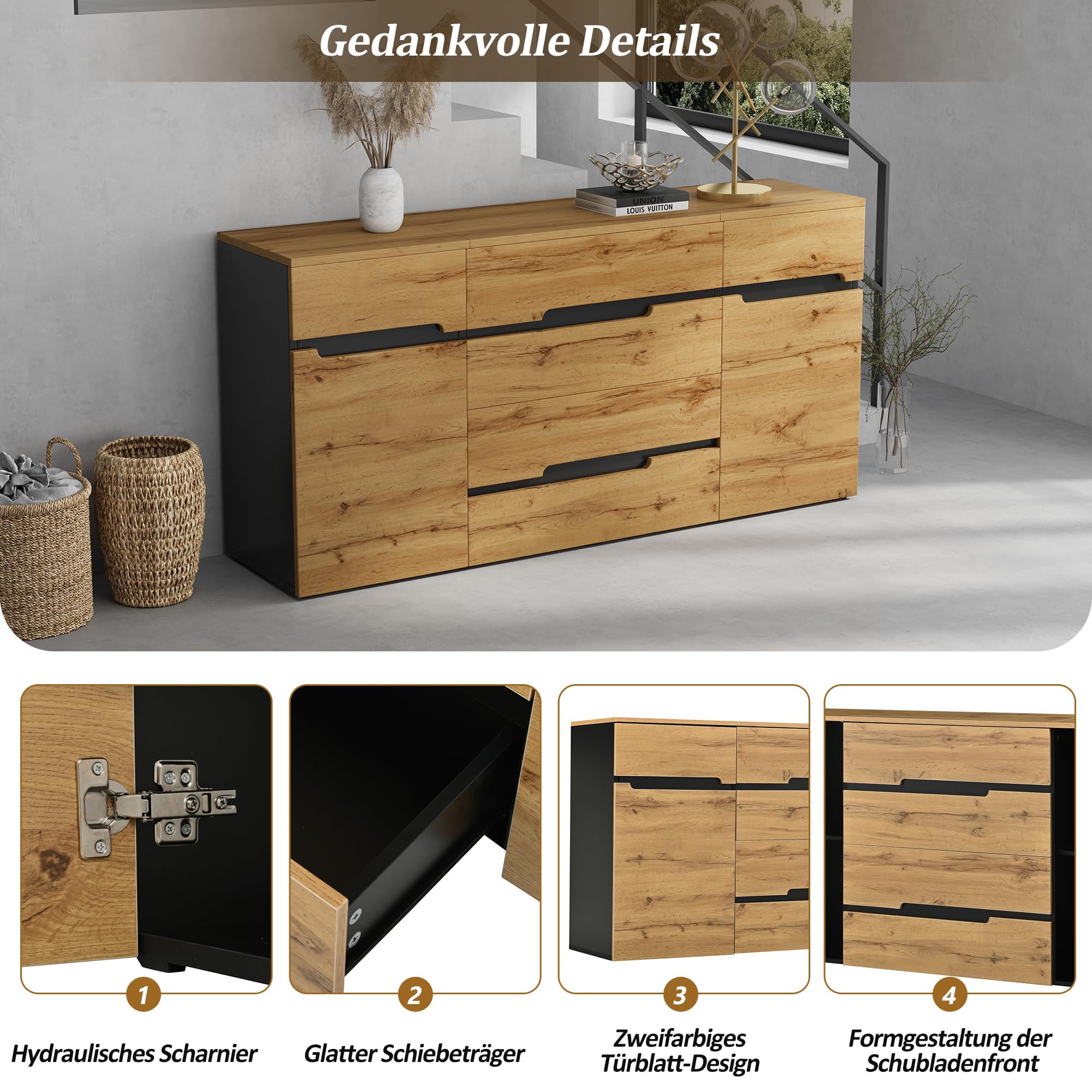 Merax Aparador con 2 puertas de armario, 4 cajones, aparador de madera, armario de cocina buffet, armarios anchos sin mango, color madera + negro/160 x 40 x 80 cm