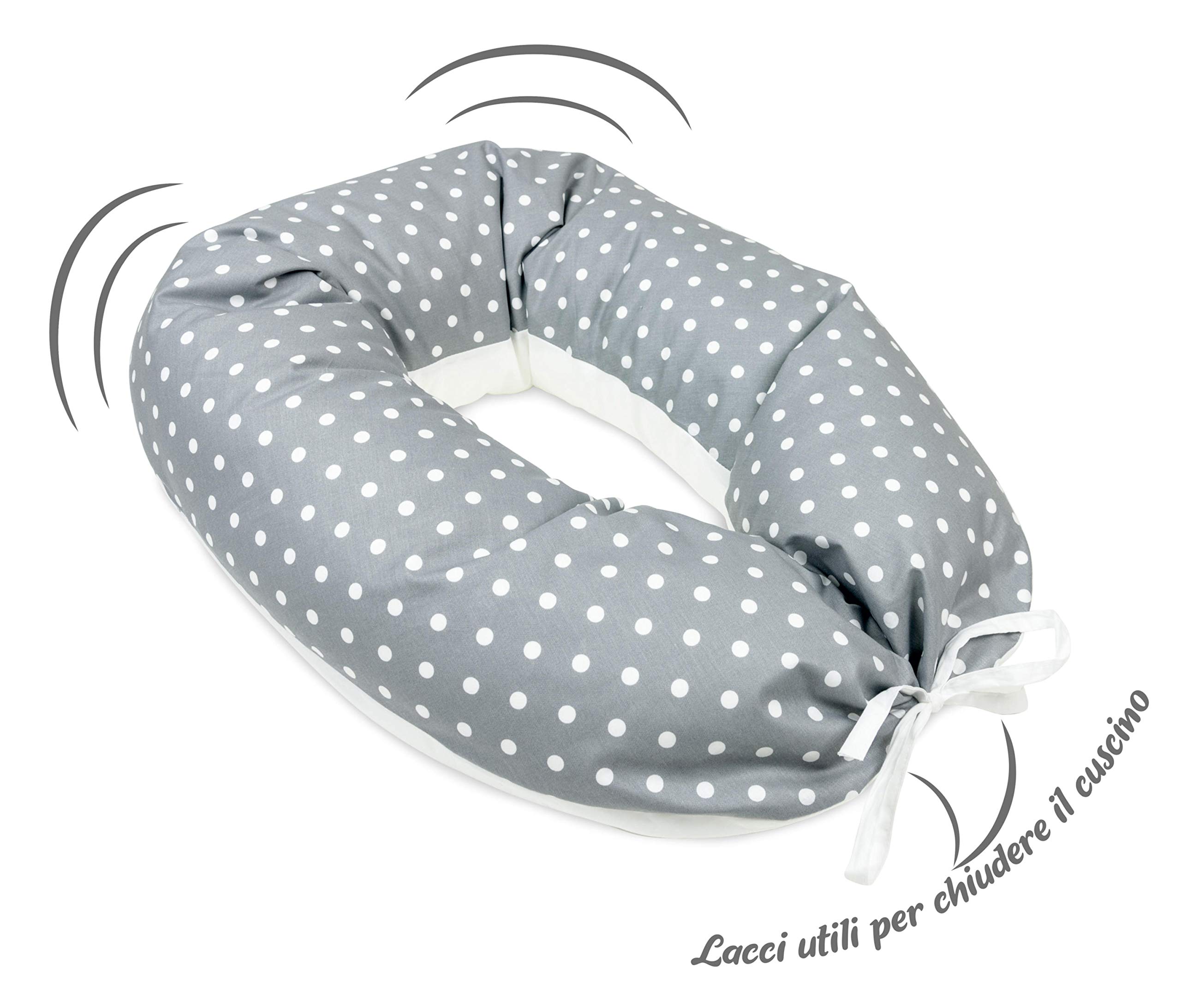 baby idea Babysanity® Cuscino Gravidanza (Interno + 2 Federe) Di Qualità' Allattamento Confortevole Per Dormire Sostegno Mamma Cotone 100% - Made In Italy - (Stella Pois Grigio Scuro)