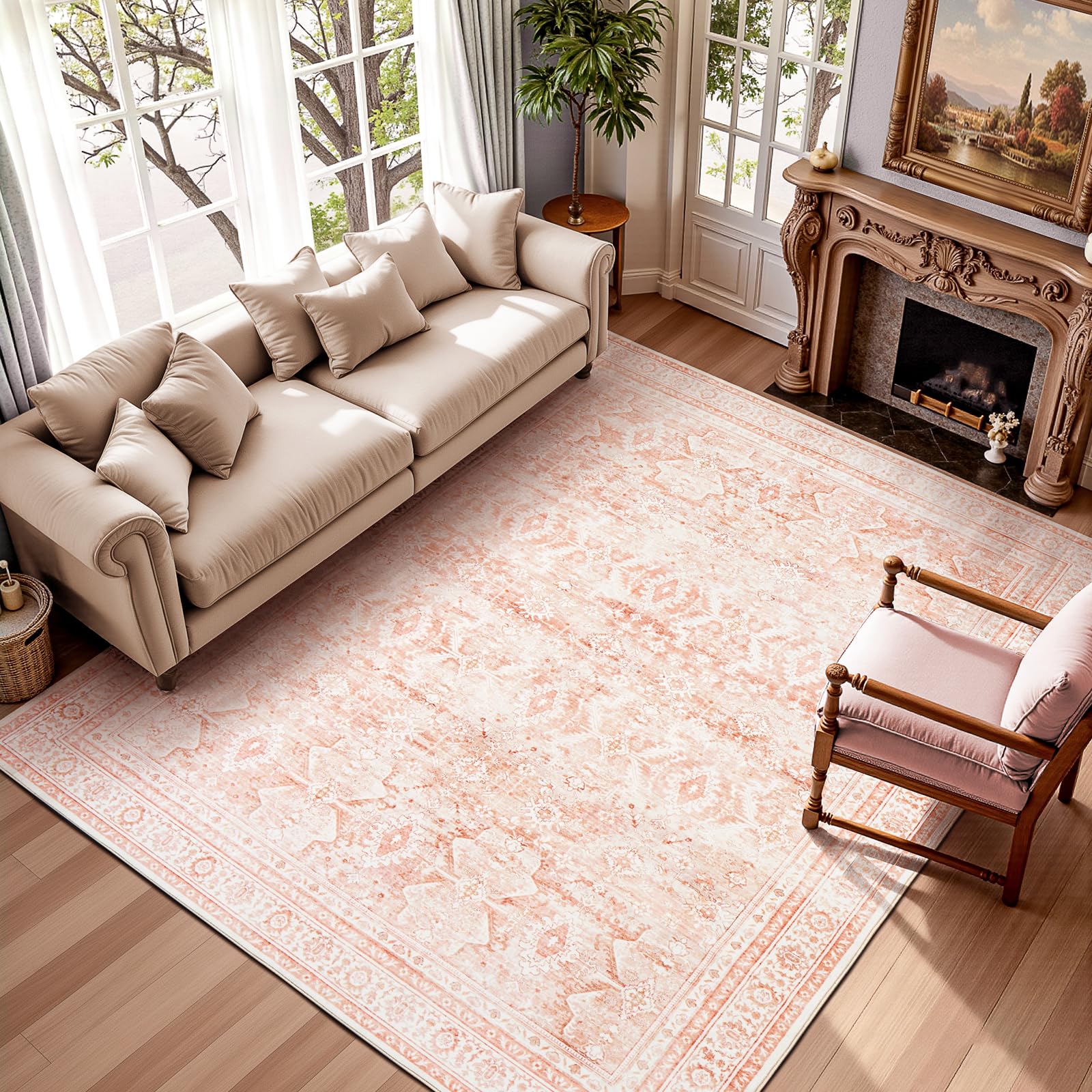 Terven Washable Vintage Area Rug Pink Bedroom 240x300 Non Slip Low Pile