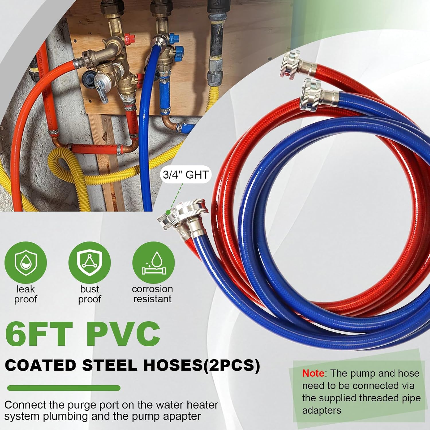 Tankless Water Heater Flushing Kit, Includes 1/6HP Submersible Utility Pump with Adapter, 2 x 6FT x 3/4"GHT Hose, 3 Gallon Pail with Bucket Lid Opener, Efficient Cleaning Hot Water Heater Flush Kit