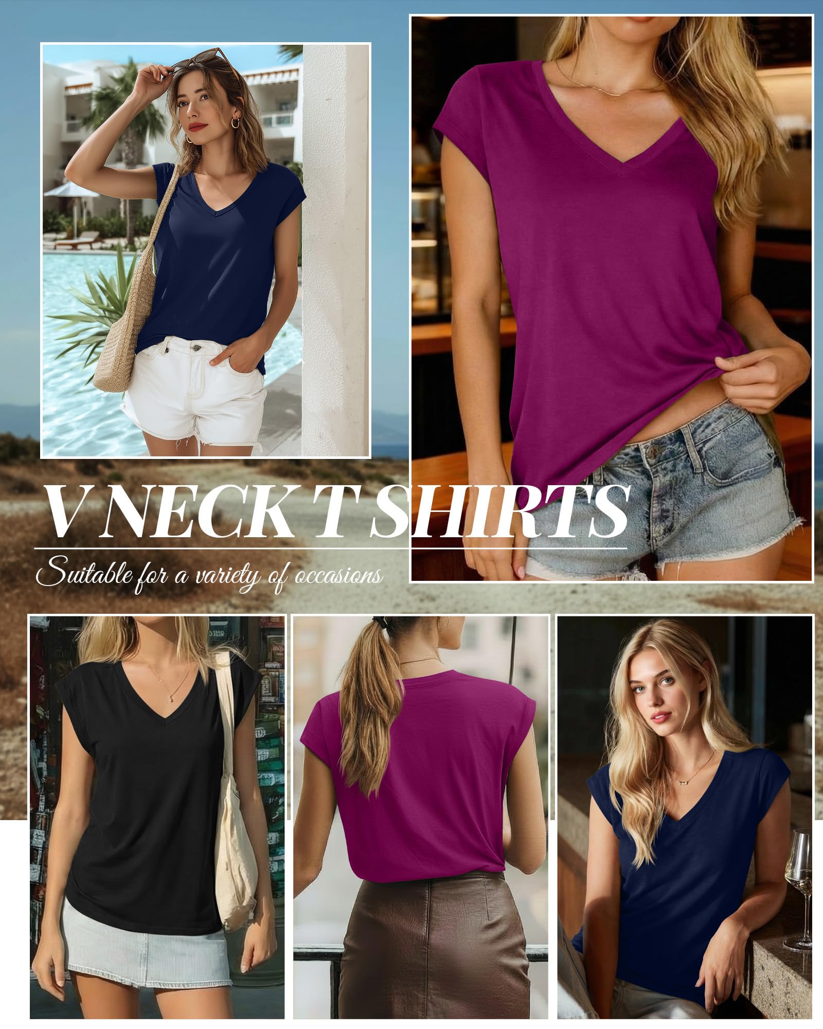 Geyoga 3 Camisetas Mujer Cuello V Manga Casquillo