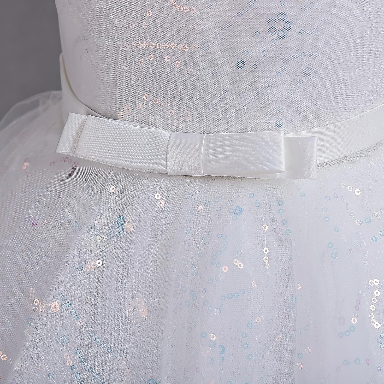 IBAKOM Robe de demoiselle d'honneur pour fille - Robe d'été sans manches avec nœud et paillettes - Robe de princesse en tulle pour enfants de 4 à 13 ans pour mariage