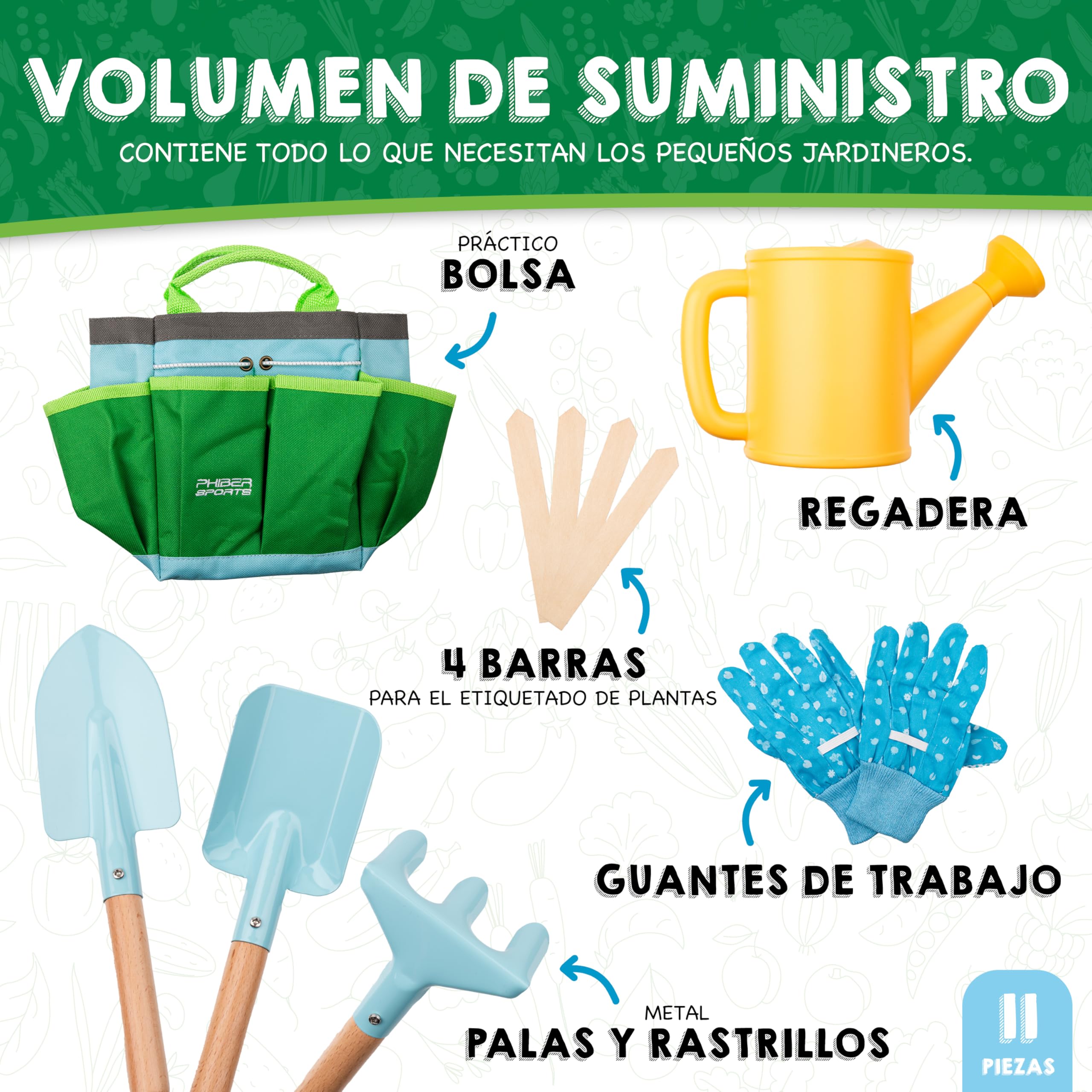 PHIBER-SPORTS Juego de Herramientas de jardín para niños (11 Piezas) - Herramientas de jardinería para niños a Partir de 3 años - Herramientas de Metal, regadera, Guantes de jardín, Bolsa