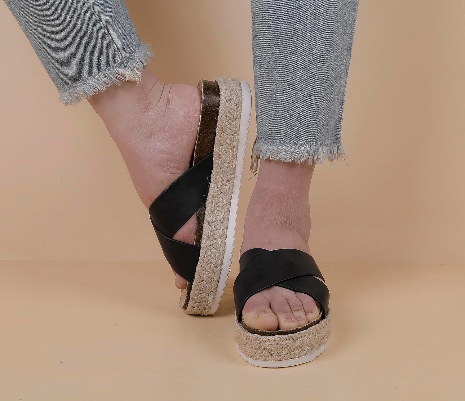 Women'S Wide Foot Platform Sandals Slides Espadrilles Sandals Flatform Slippers Casual Platform Slides for Women Wide Foot Footbed Open Toe Wedges Sandals - Image 4
