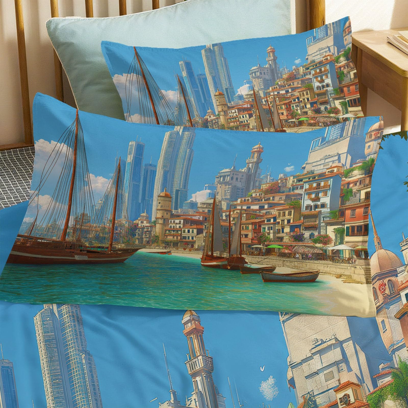 Generico Zestaw pościeli dwuosobowej 100% mikrofibra 3-częściowy zestaw pościeli z 2 poszewkami na poduszki 50 x 80 cm, miękka, oddychająca poszwa na kołdrę można prać w pralce, niebieska anime