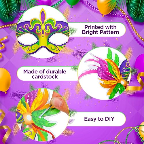 Miniatura 6 de 12 máscaras de Mardi Gras, máscaras de papel para mascarada, carnaval, desfile, graduación, máscaras de plumas moradas, verdes, amarillas, recuerdos