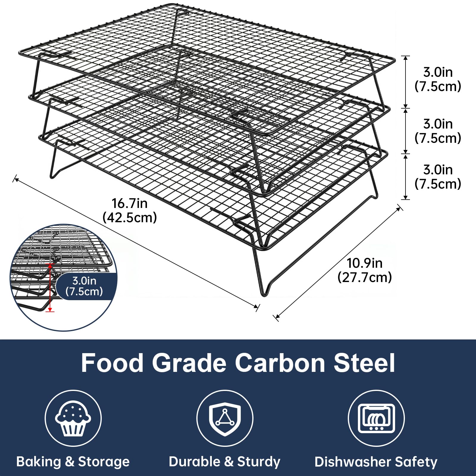 Lifhety 3 Tier Cooling Rack Large, 42.5x27.7cm Stackable Cake Cooling Rack for Baking Collapsible Oven Wire Rack - Image 2