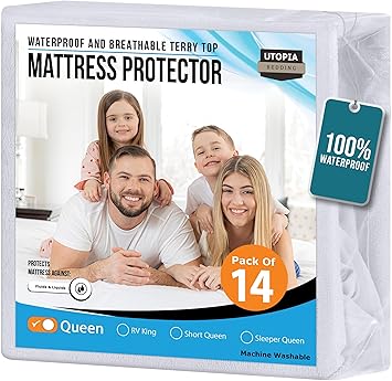 Utopia Bedding Waterproof Mattress Protector Queen Size (Pack of 14), Premium Terry Mattress Cover 200 GSM, Breathable, Fitted Style with Stretchable Pockets (White)