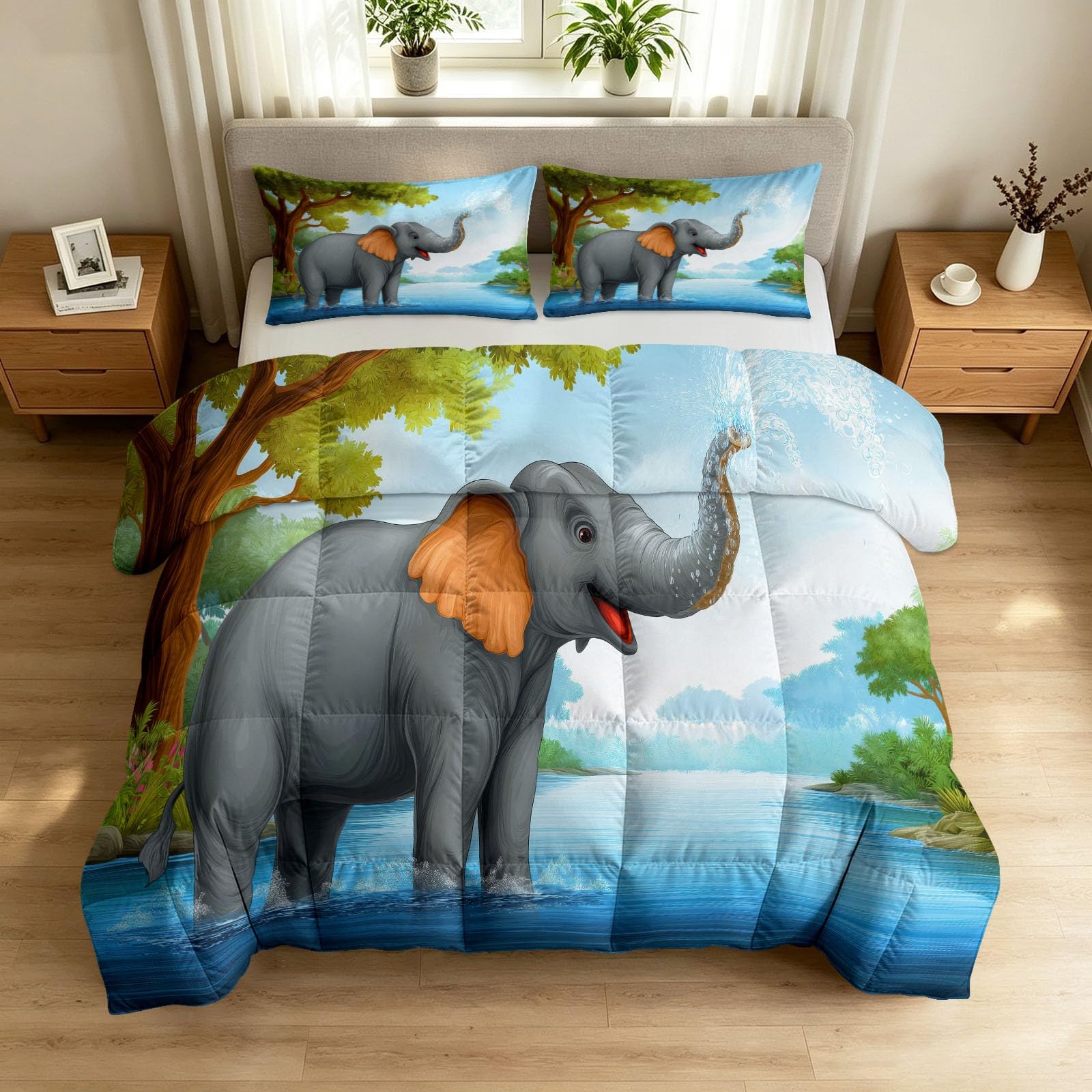 Piumone da 200 x 200 cm, 4 stagioni, motivo foresta, elefante, fiume, caldo, delicato sulla pelle, per tutto l'anno, 200 x 200 cm, con cartoni animati, calmante, senza rivestimento, lavabile, con 2